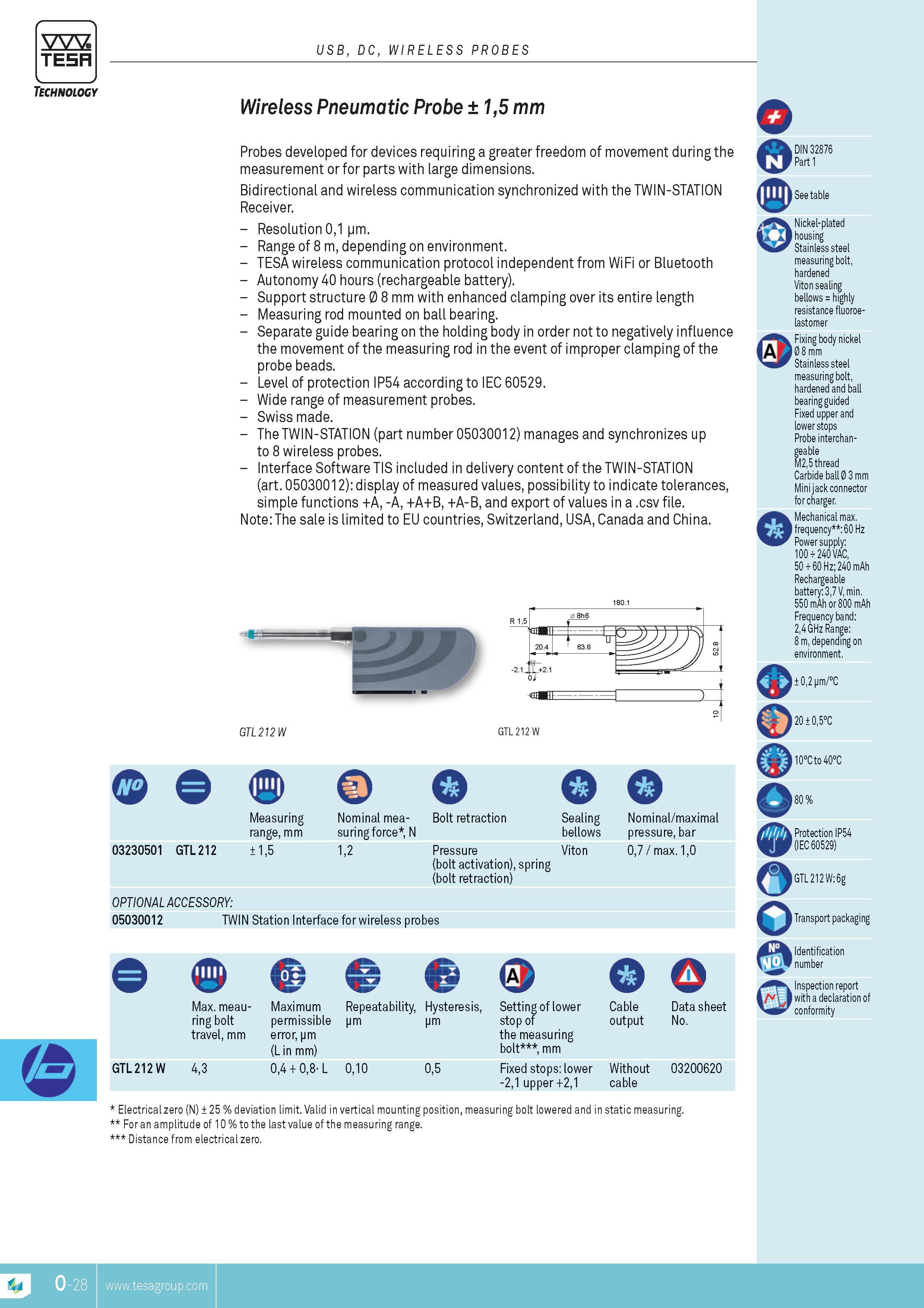 321 TESA USB DC WIRELESS PROBES Technology 03230501 GTL 212 Wireless pneumatic probe 15 mm Probes developed for devices requiring a greater freedom of mov Каталог TESA 2014 Контрольно-измерительный инструмент и оборудование Стр. O-28 ENG