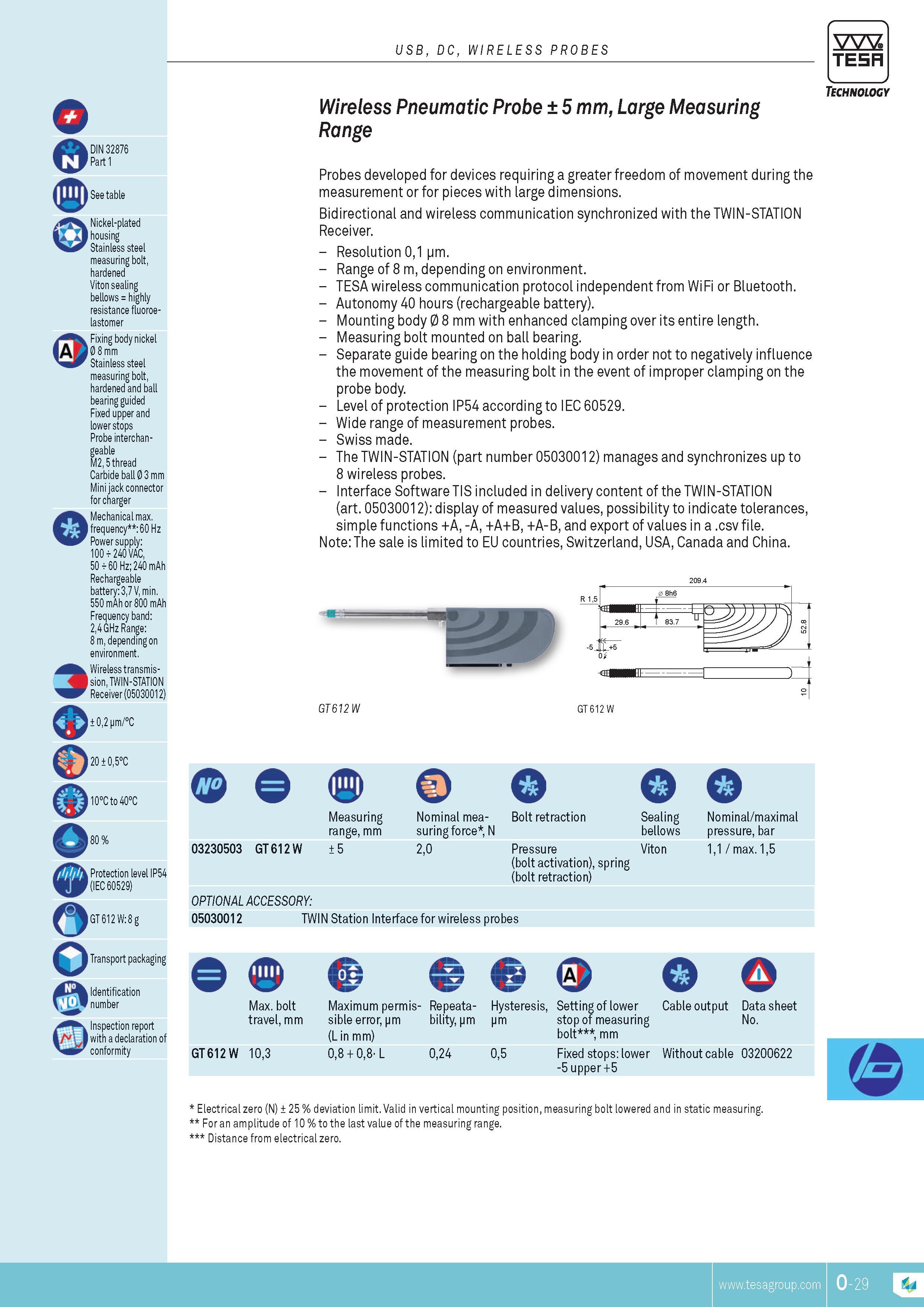 322 USB DC WIRELESS PROBES TESA DIN 32876 Part 1 See table Nickel-plated housing Stainless steel measuring bolt hardened Viton sealing bellows highly resi Каталог TESA 2014 Контрольно-измерительный инструмент и оборудование Стр. O-29 ENG