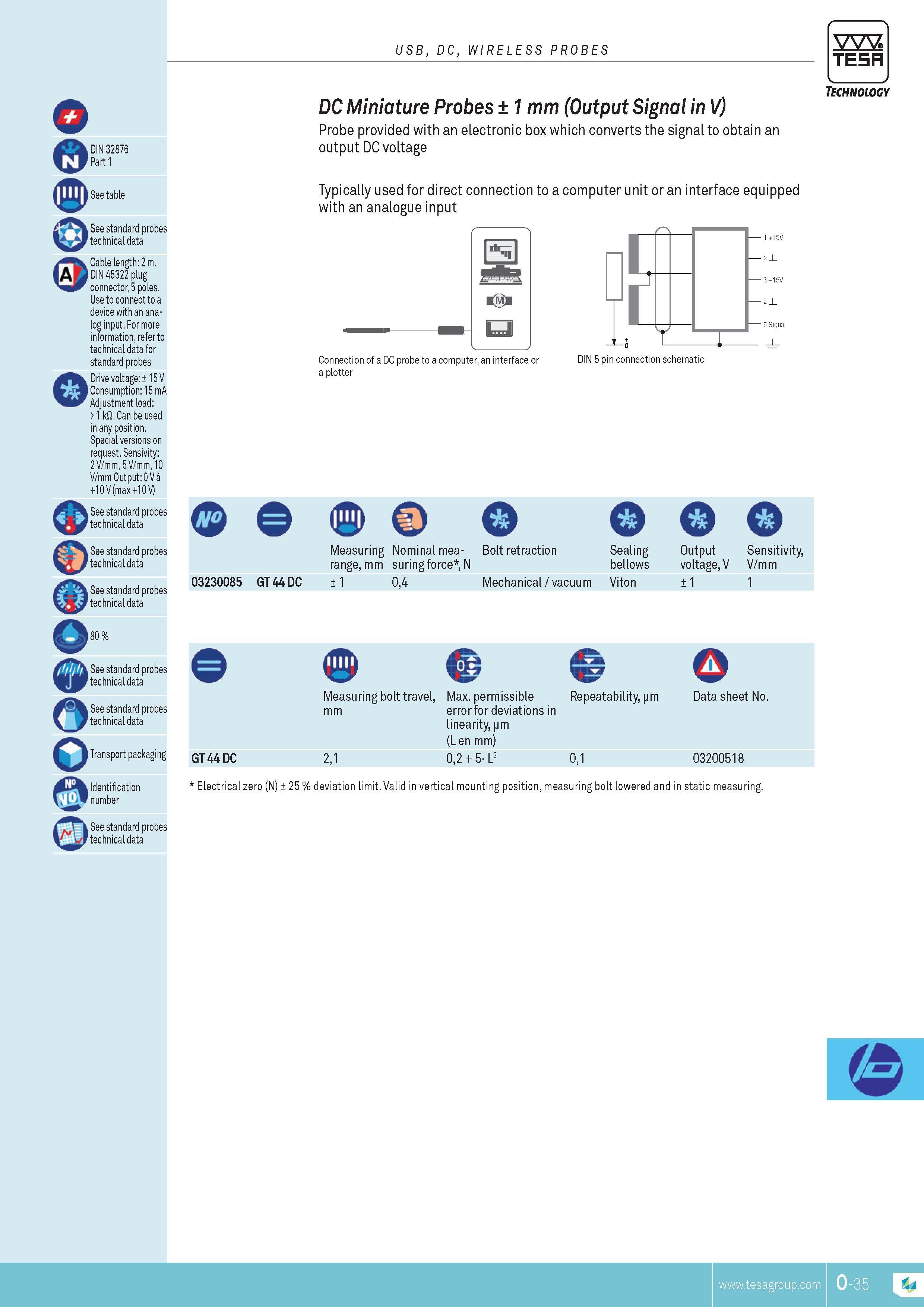 328 USB DC WIRELESS PROBES TESA o DIN 32876 Part 1 See table Q ip o See standard probes technical data Cable length 2 m DIN 45322 plug connector 5 poles U Каталог TESA 2014 Контрольно-измерительный инструмент и оборудование Стр. O-35 ENG