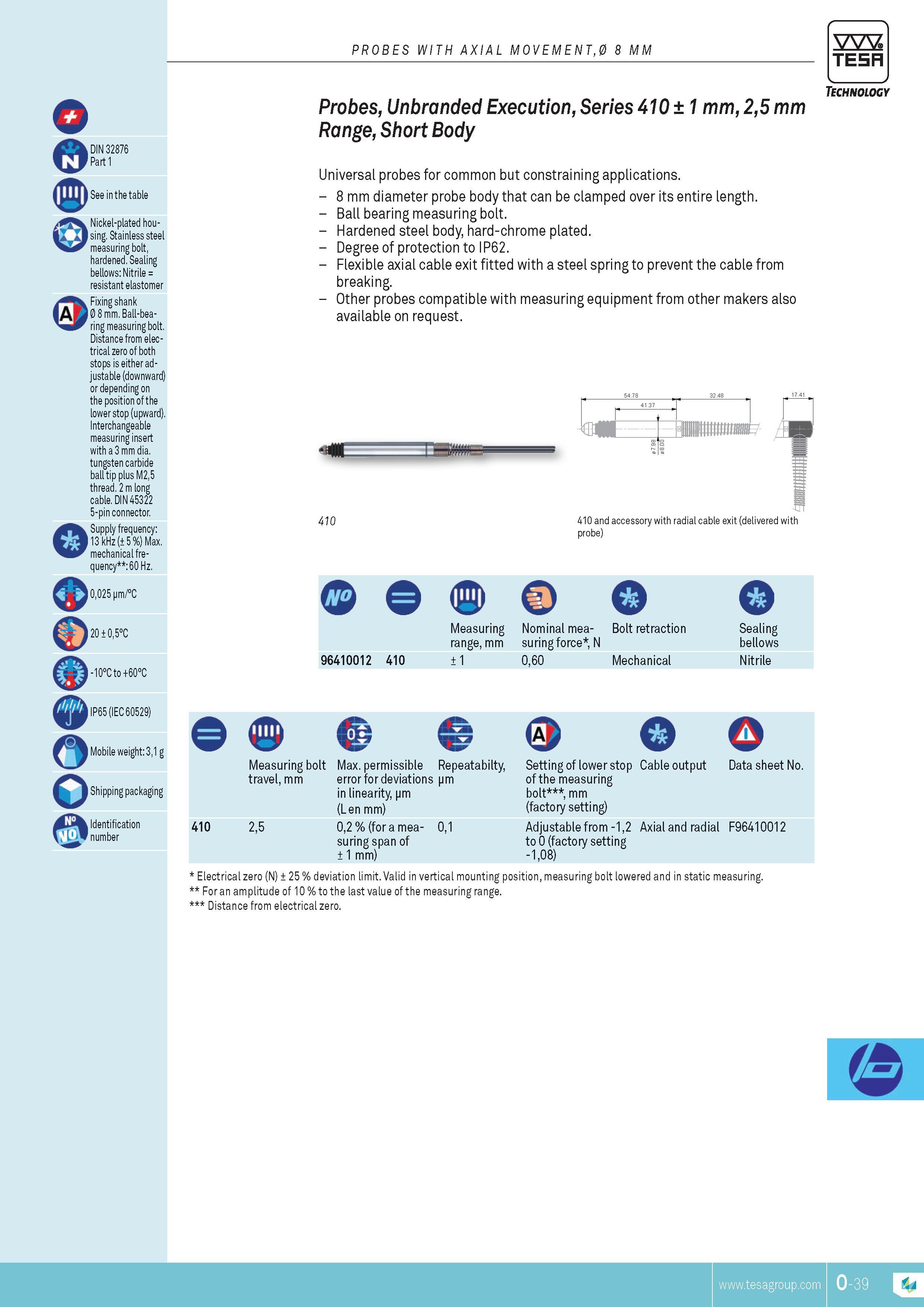 332 PROBES WITH AXIAL MOVEMENT0 8 MM TESA DIN 32876 Part 1 See in the table Nickel-plated housing Stainless steel measuring bolt hardened Sealing bellows Каталог TESA 2014 Контрольно-измерительный инструмент и оборудование Стр. O-39 ENG