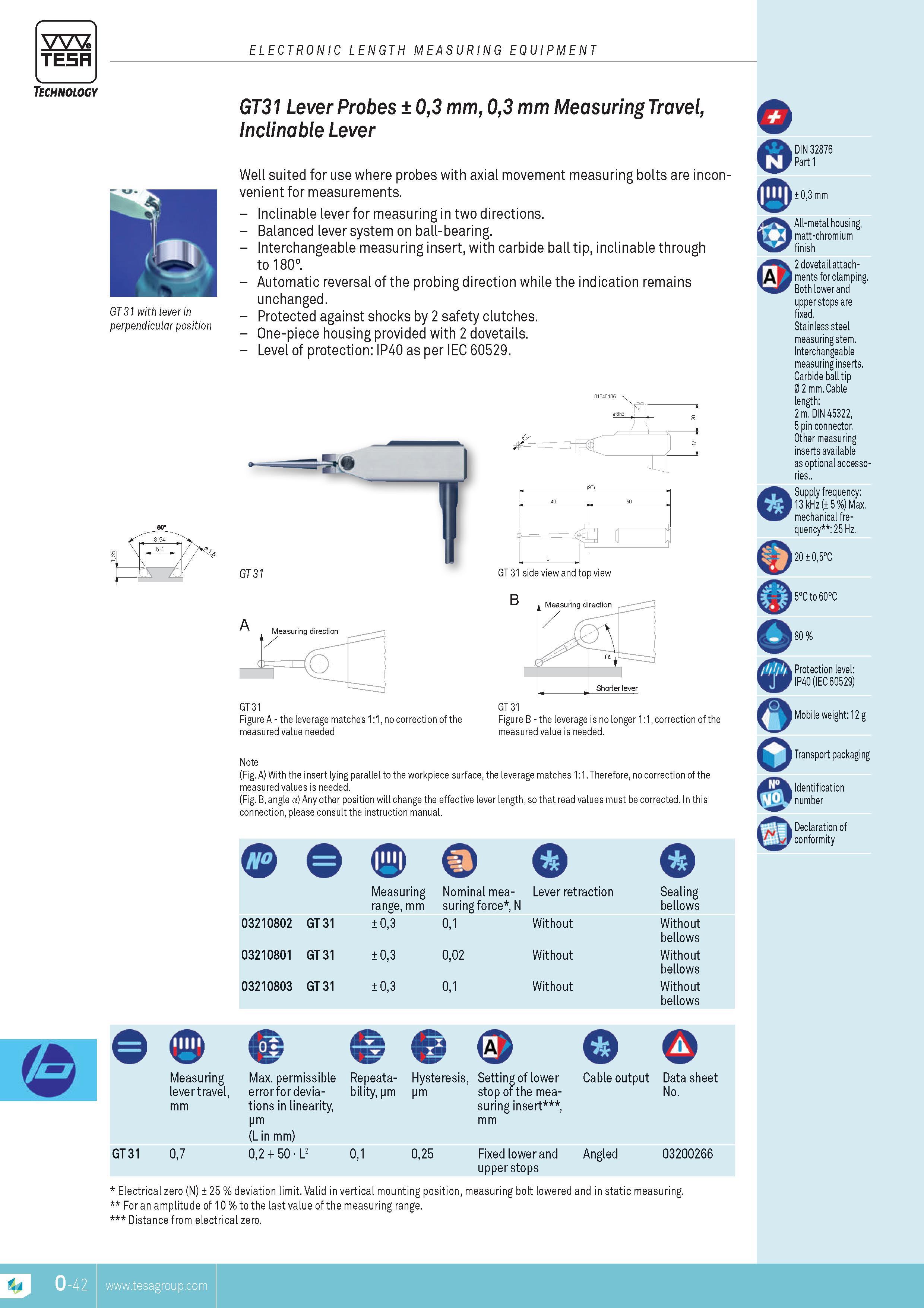 335 TESA Technology GT 31 with lever in perpendicular position 64 m 1 fL ELECTRONIC LENGTH MEASURING EQUIPMENT GT31 Lever Probes 03 mm 03 mm Measuring Tra Каталог TESA 2014 Контрольно-измерительный инструмент и оборудование Стр. O-42 ENG