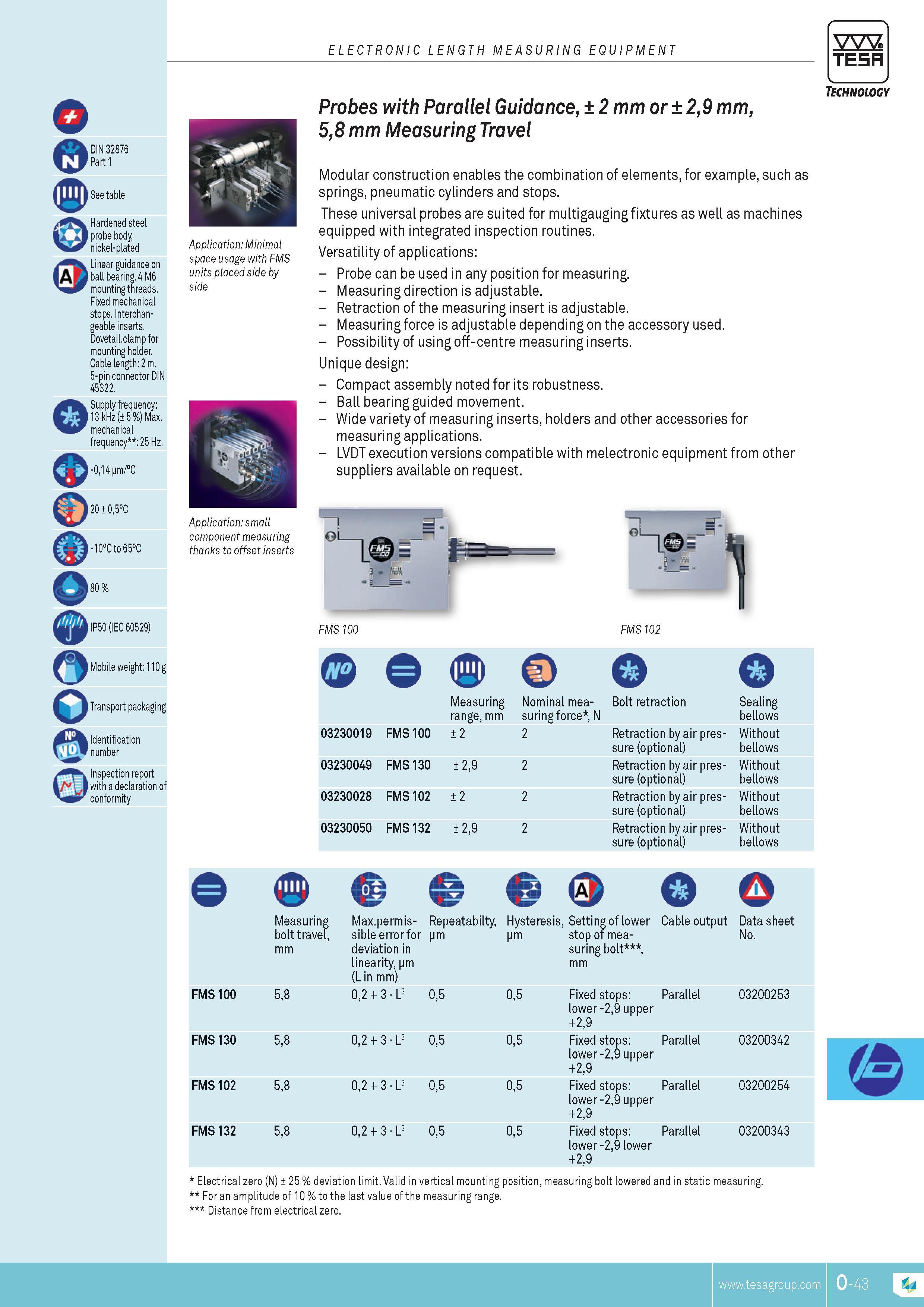 336 ELECTRONIC LENGTH MEASURING EQUIPMENT TESA Q IP o m DIN 32876 Part 1 See table Hardened steel probe body nickel-plated Linear guidance on ball bearing Каталог TESA 2014 Контрольно-измерительный инструмент и оборудование Стр. O-43 ENG