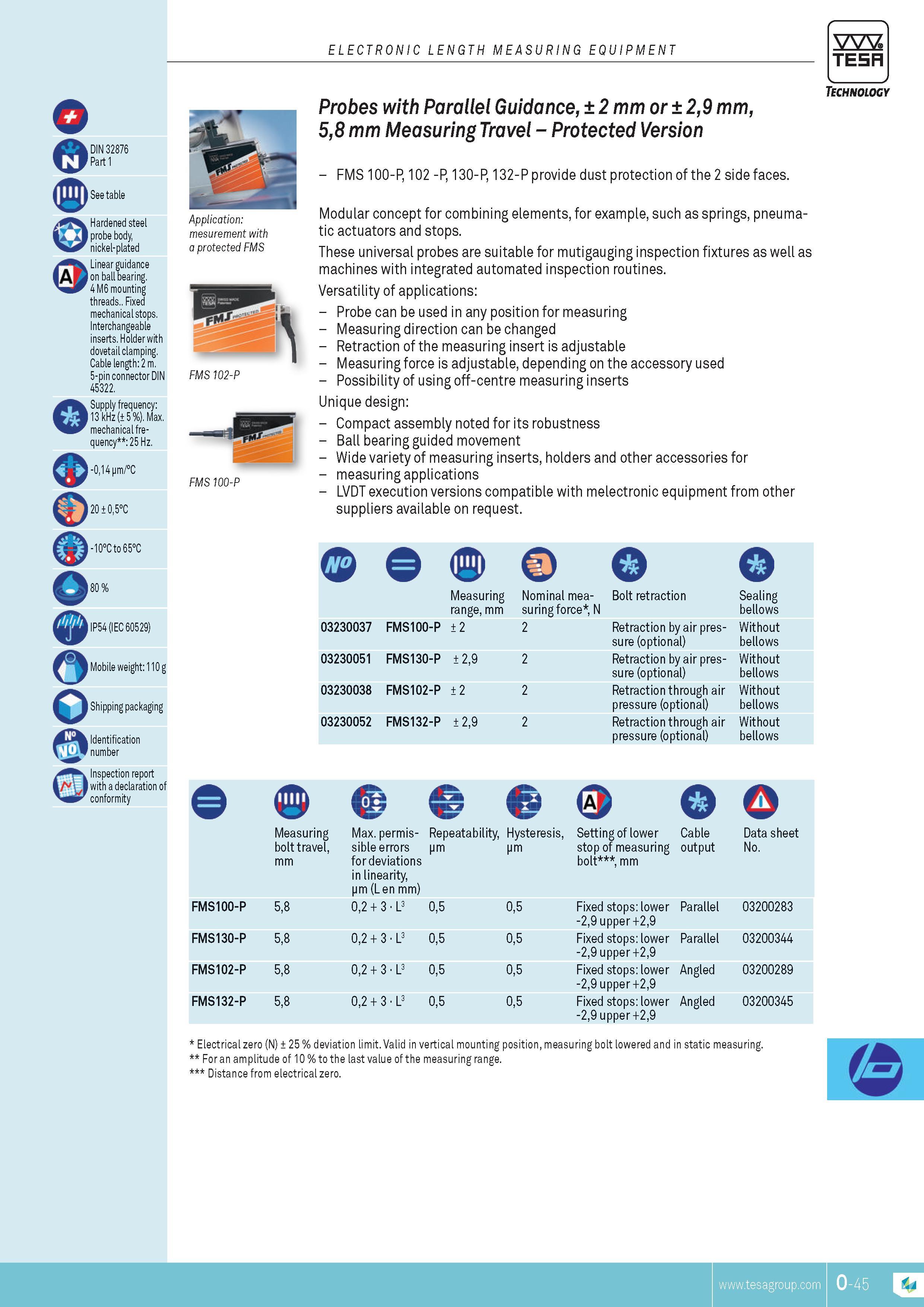 338 ELECTRONIC LENGTH MEASURING EQUIPMENT DIN 32876 Part 1 See table Hardened steel probe body nickel-plated Linear guidance A on ball bearing 4 M6 mounti Каталог TESA 2014 Контрольно-измерительный инструмент и оборудование Стр. O-45 ENG