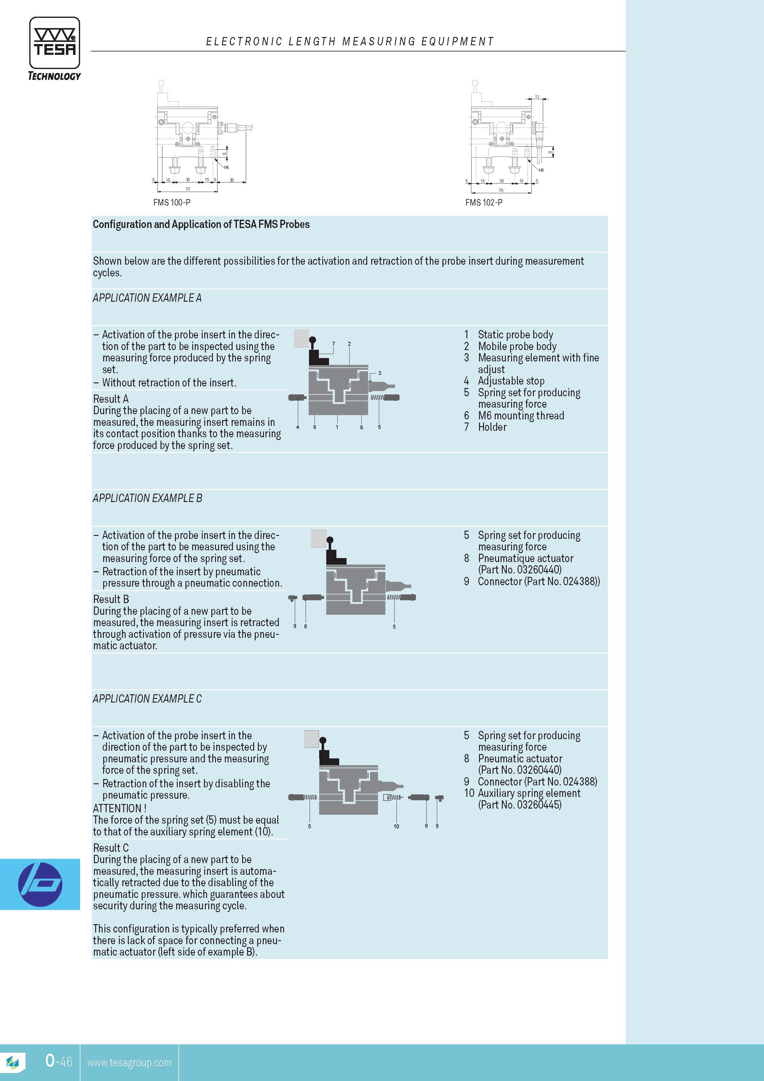 339 TESA ELECTRONIC LENGTH MEASURING EQUIPMENT Technology Configuration and Application of TESA FMS Probes Shown below are the different possibilities for Каталог TESA 2014 Контрольно-измерительный инструмент и оборудование Стр. O-46 ENG