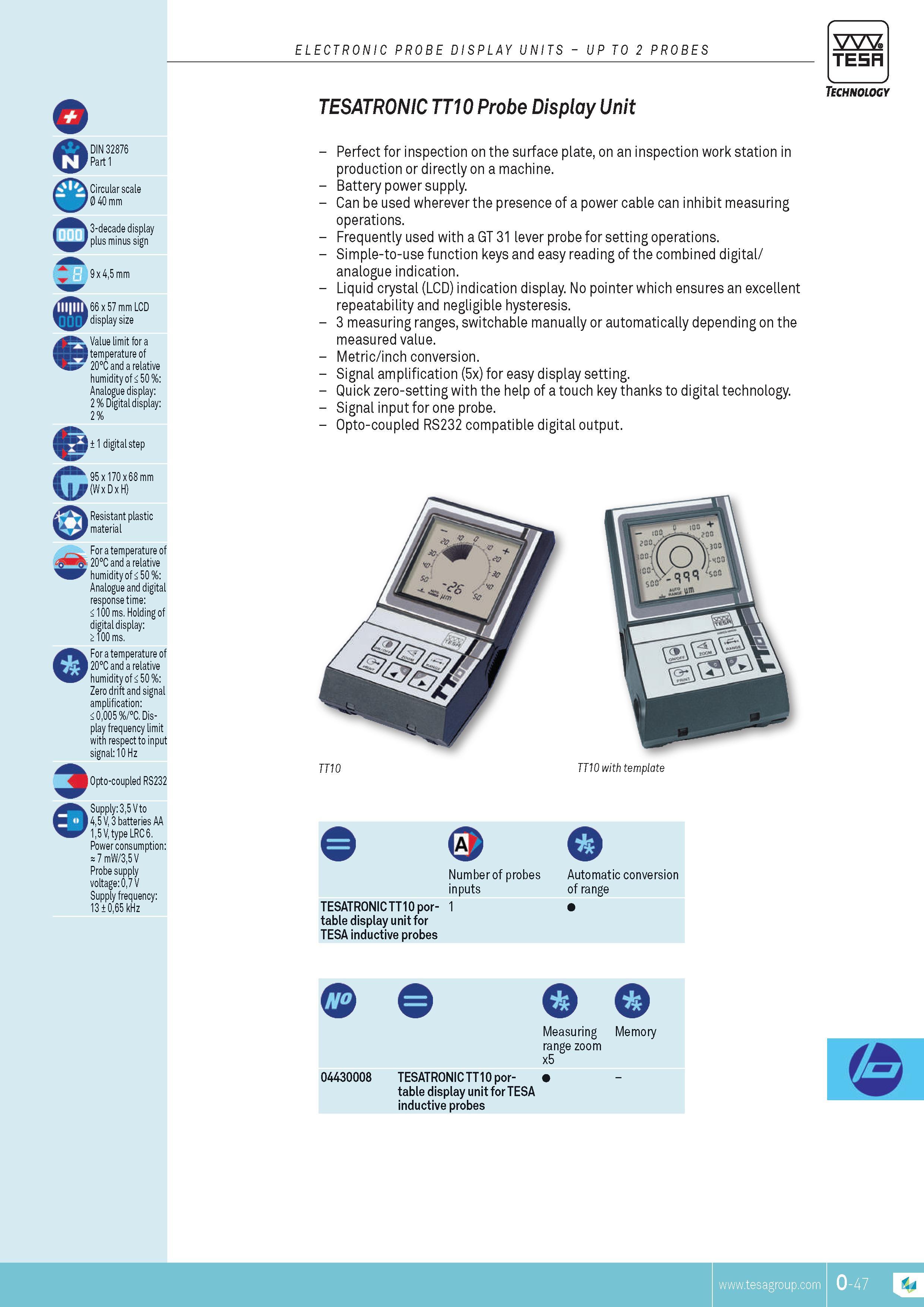 340 electronic probe display units UP TO 2 probes TESA DIN 32876 Part 1 Circular scale 0 40 mm 3-decade display plus minus sign 9 x 45 mm 66 x 57 mm LCD d Каталог TESA 2014 Контрольно-измерительный инструмент и оборудование Стр. O-47 ENG