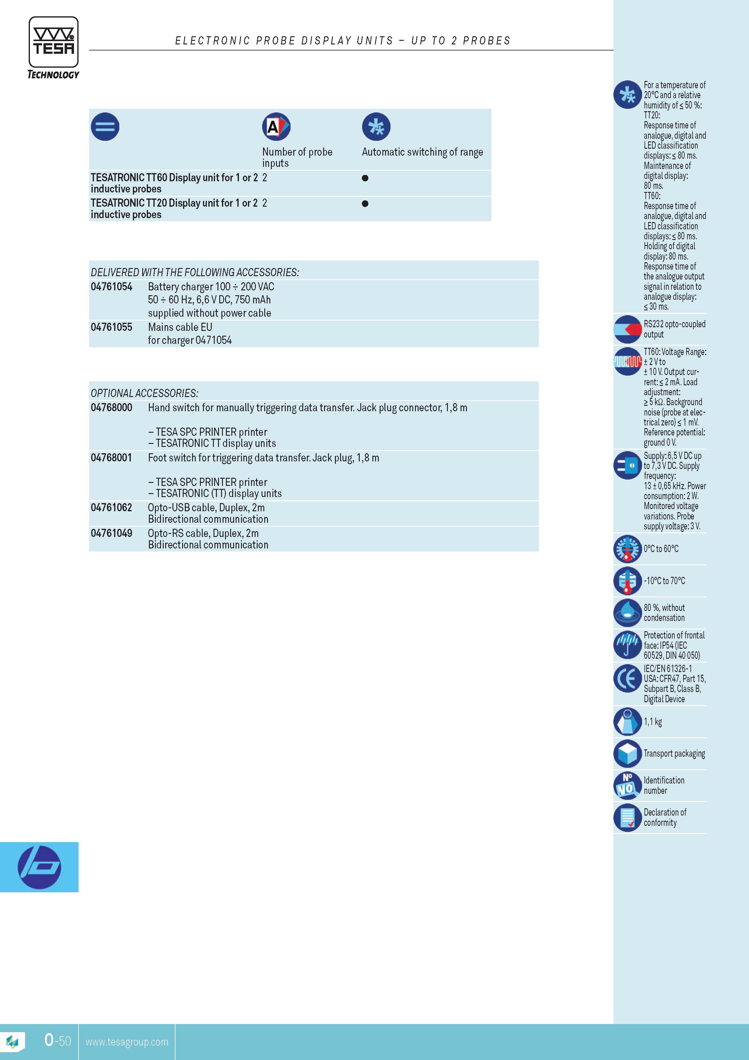 343 TESA electronic probe display units UP TO 2 probes Technology Number of probe inputs Automatic switching of range TESATRONIC TT60 Display unit for 1 o Каталог TESA 2014 Контрольно-измерительный инструмент и оборудование Стр. O-50 ENG
