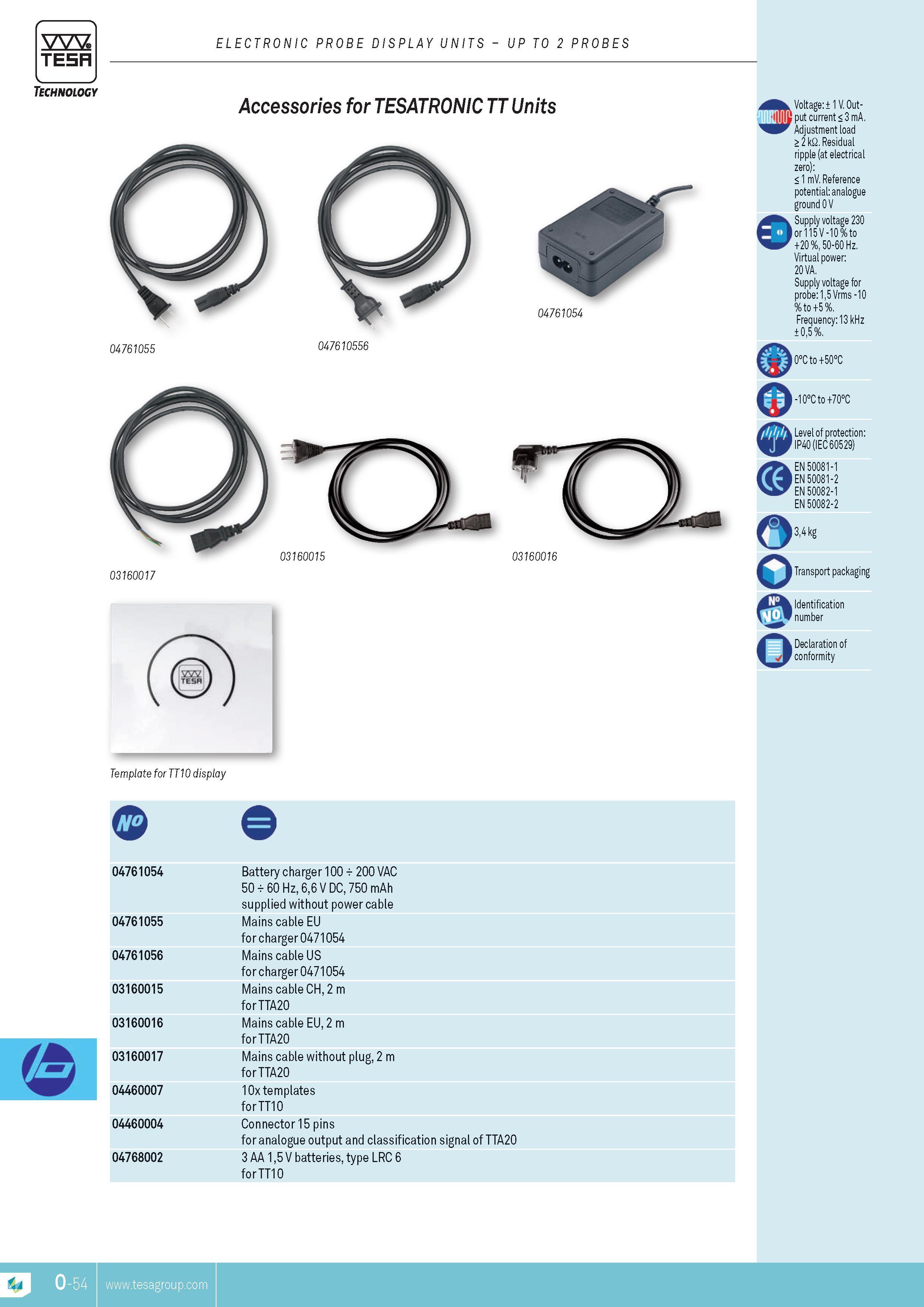 347 TESA ELECTRONIC PROBE DISPLAY UNITS UP TO 2 PROBES Technology Accessories for TESATRoNIc TT units 03160017 Template for TT10 display Voltage 1 V Out p Каталог TESA 2014 Контрольно-измерительный инструмент и оборудование Стр. O-54 ENG