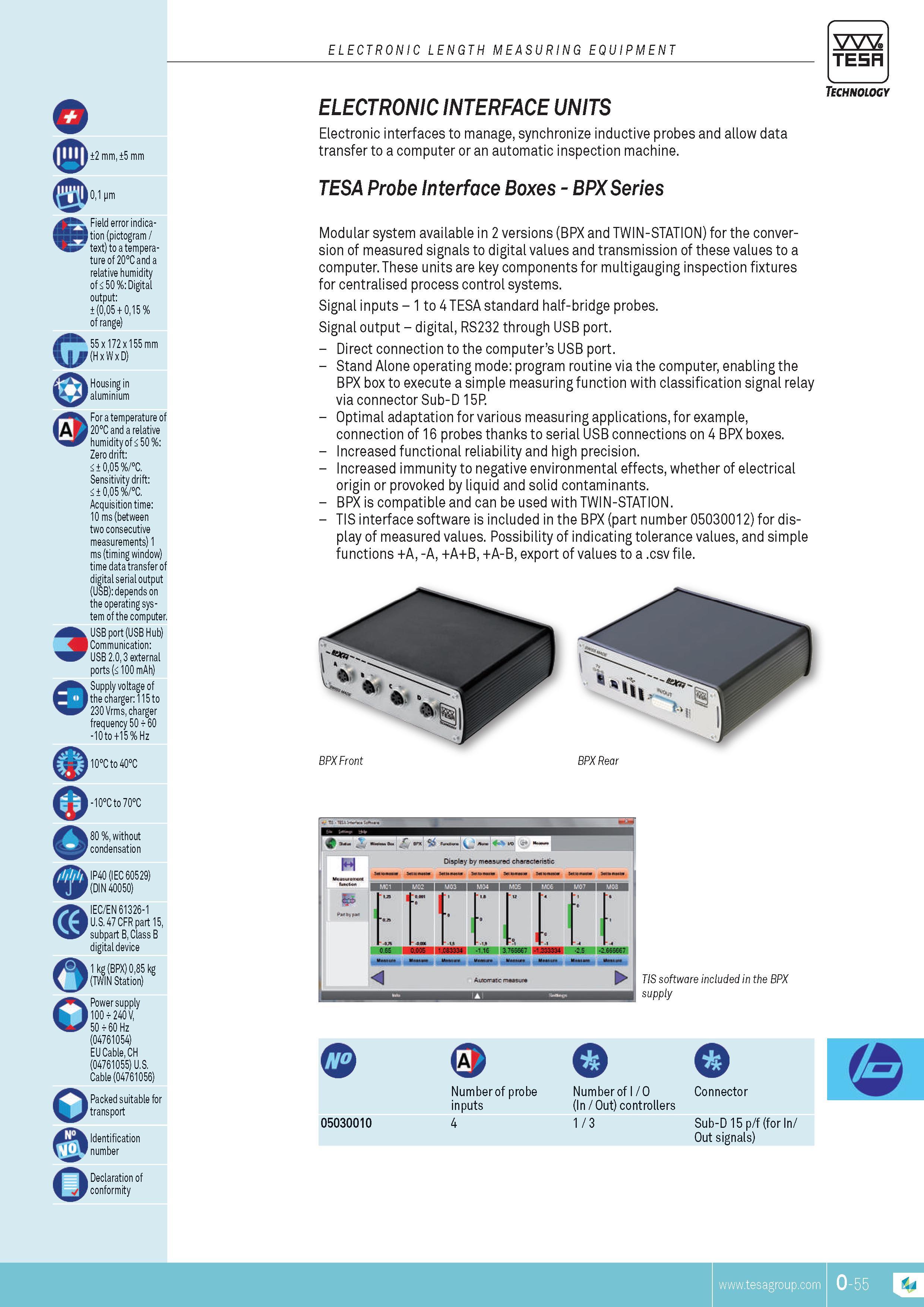 348 electronic length measuring equipment TESA 2 mm 5 mm 01 pm Field error indication (pictogram text) to a temperature of 20C and a relative humidity of Каталог TESA 2014 Контрольно-измерительный инструмент и оборудование Стр. O-55 ENG