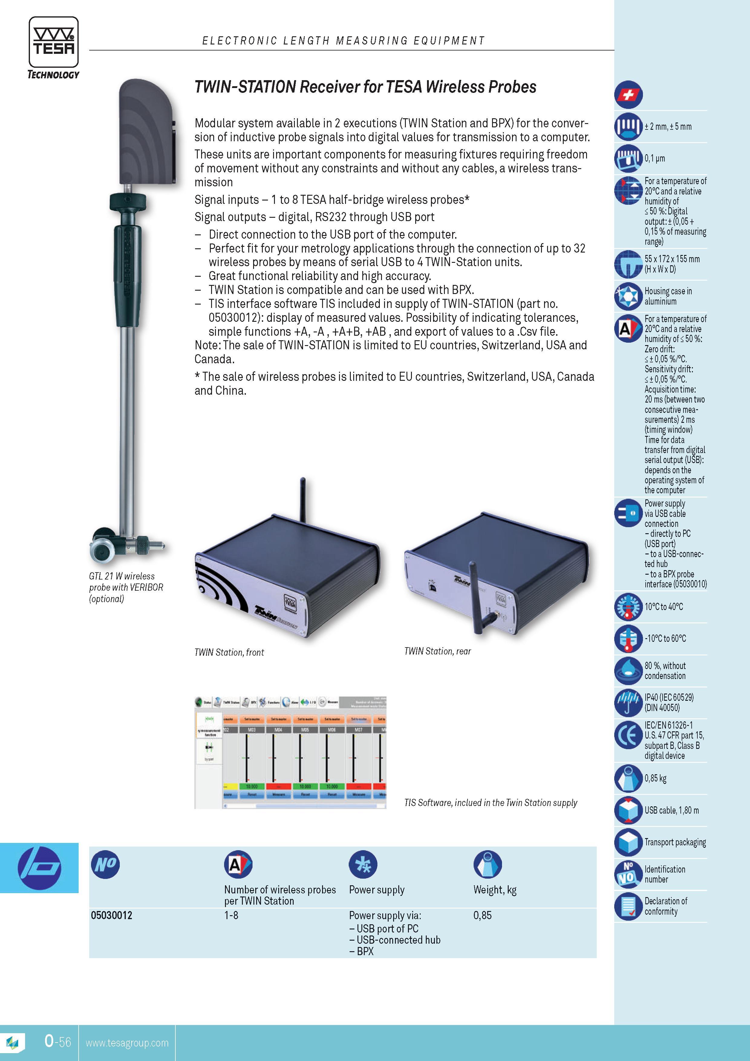 349 TESA electronic length measuring equipment Technology GTL 21 W wireless probe with VERIBOR (optional) TWiN-STATioN receiver for TESA Wireless probes M Каталог TESA 2014 Контрольно-измерительный инструмент и оборудование Стр. O-56 ENG