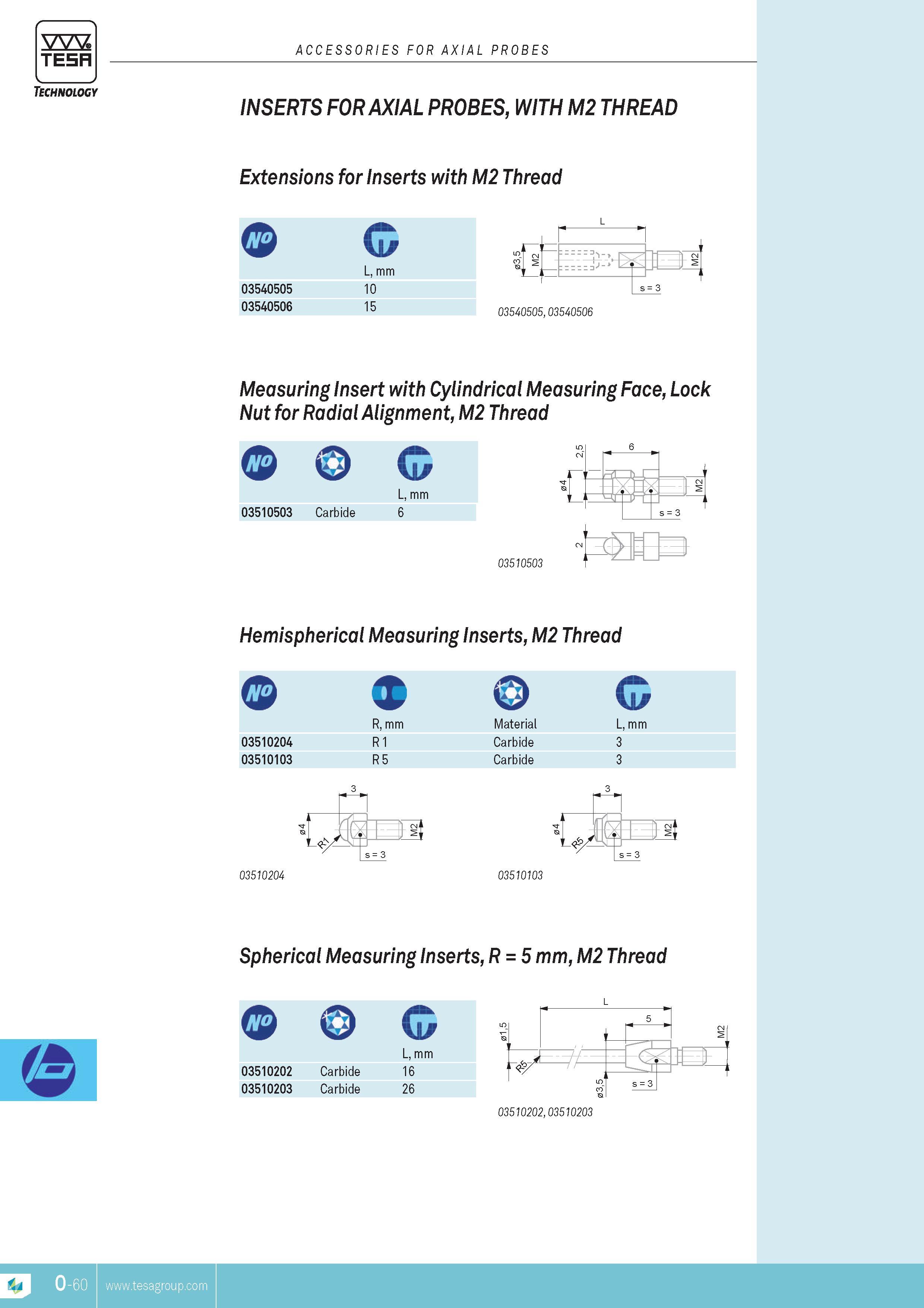 353 TESA Technology ACCESSORIES FOR AXIAL PROBES INSERTS FoR AXIAL pRoBES WITH M2 THREAD Extensions for inserts with M2 Thread G L mm 03540505 10 03540506 Каталог TESA 2014 Контрольно-измерительный инструмент и оборудование Стр. O-60 ENG