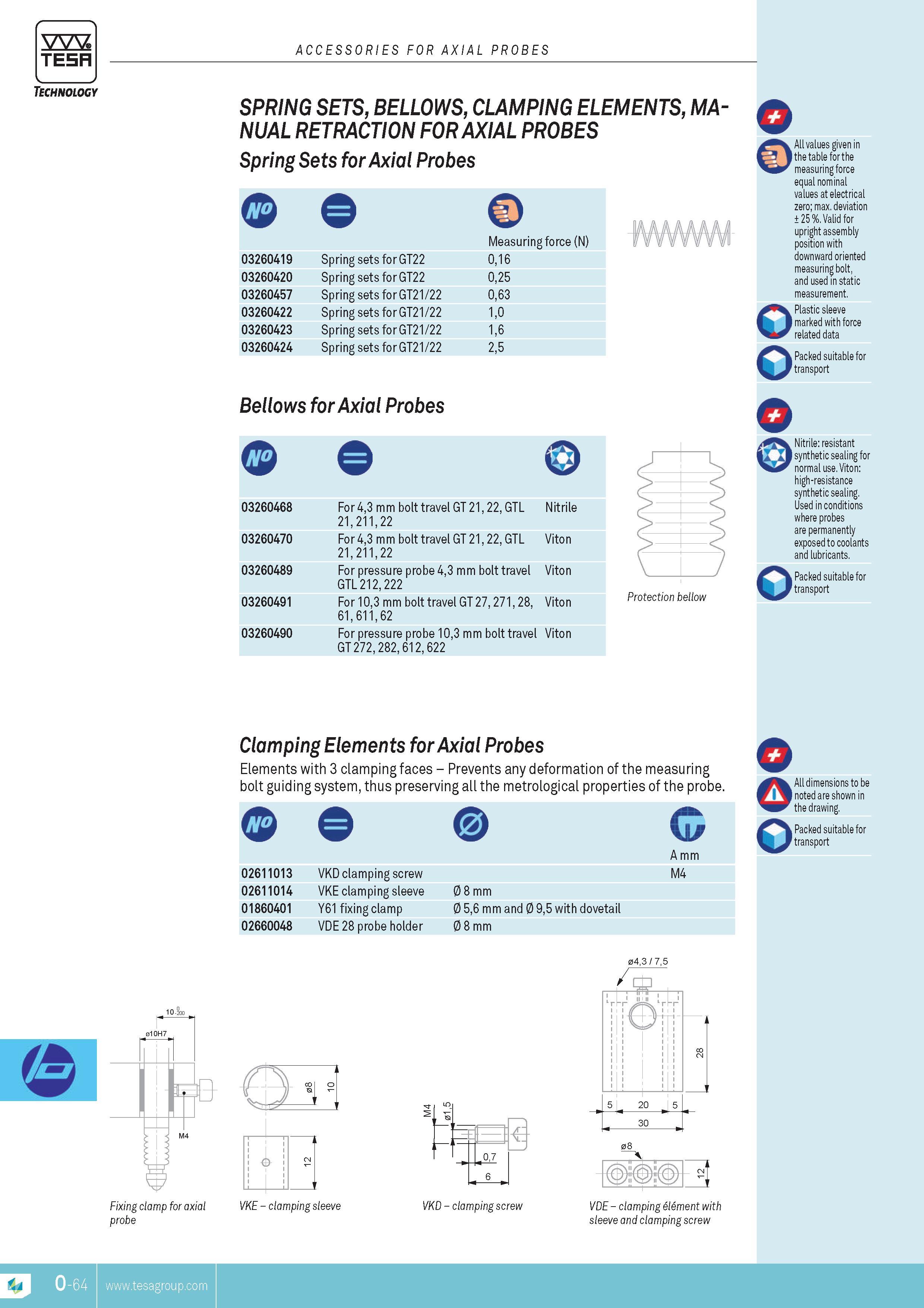 357 TESA ACCESSORIES FOR AXIAL PROBES Technology SPRING SETS BELLOWS CLAMPING ELEMENTS MANUAL RETRACTION FOR AXIAL PROBES Spring Sets for Axial Probes Mea Каталог TESA 2014 Контрольно-измерительный инструмент и оборудование Стр. O-64 ENG