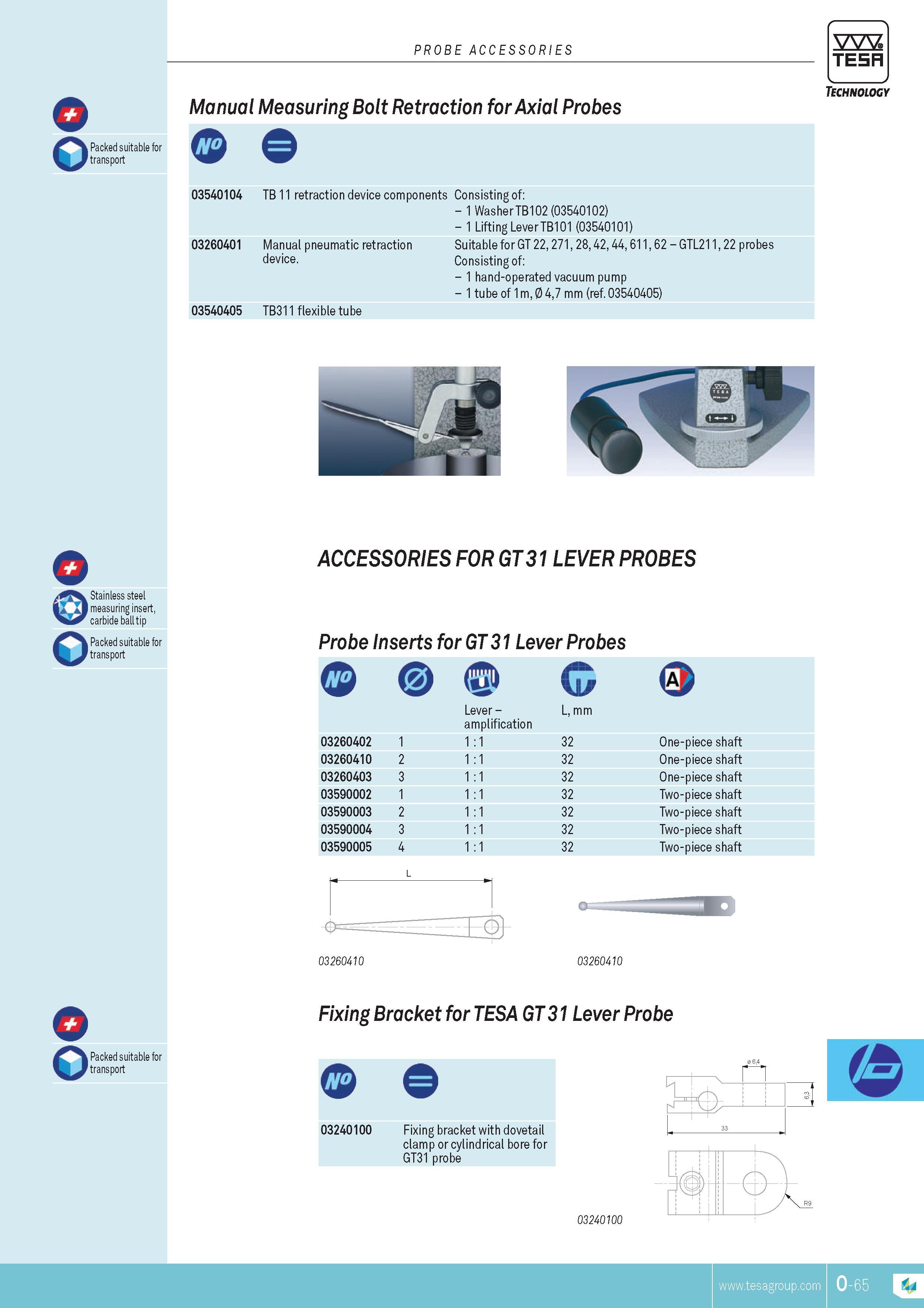 358 PROBE ACCESSORIES TESA o Manual Measuring Bolt Retraction for Axial Probes Technology Packed suitable for transport o 03540104 TB 11 retraction device Каталог TESA 2014 Контрольно-измерительный инструмент и оборудование Стр. O-65 ENG