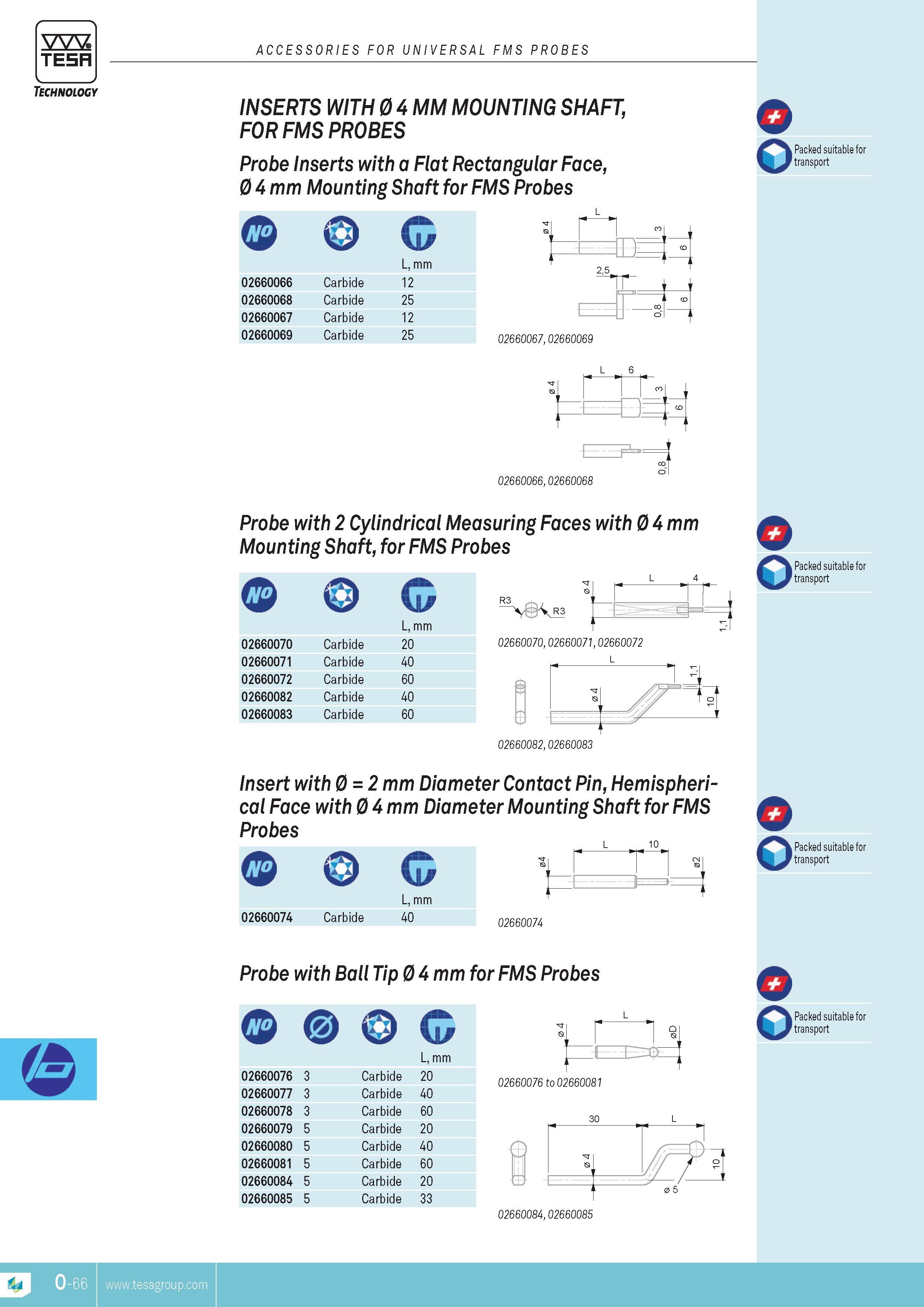 359 TESA accessories FOR UNIVERSAL FMS PROBES Technology INSERTS WITH 0 4 MM MOUNTING SHAFT FOR FMS PROBES Probe inserts with a Flat Rectangular Face 0 4 Каталог TESA 2014 Контрольно-измерительный инструмент и оборудование Стр. O-66 ENG