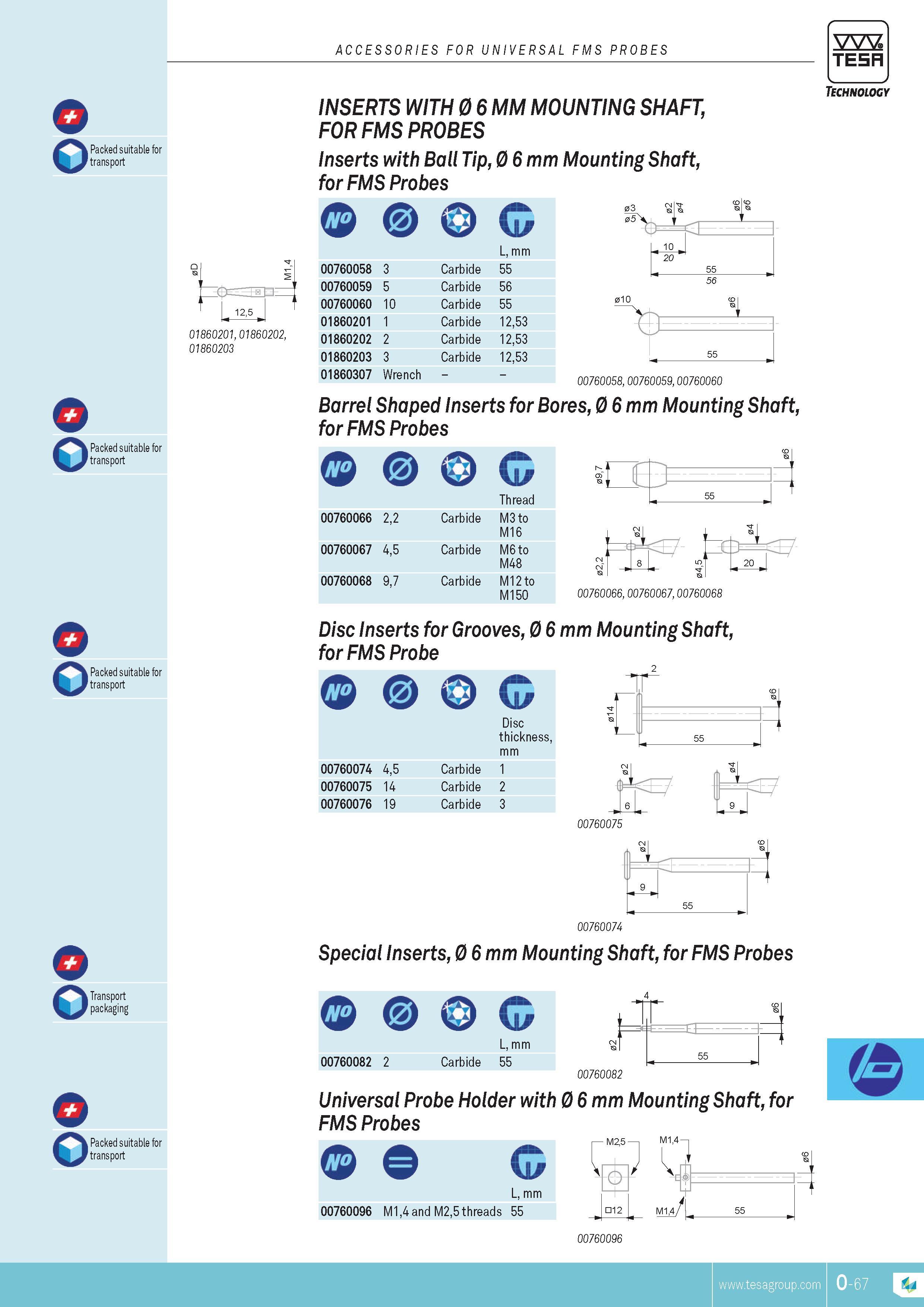 360 ACCESSORIES FOR UNIVERSAL FMS PROBES TESA o Packed suitable for transport o Packed suitable for transport o Packed suitable for transport Packed suita Каталог TESA 2014 Контрольно-измерительный инструмент и оборудование Стр. O-67 ENG