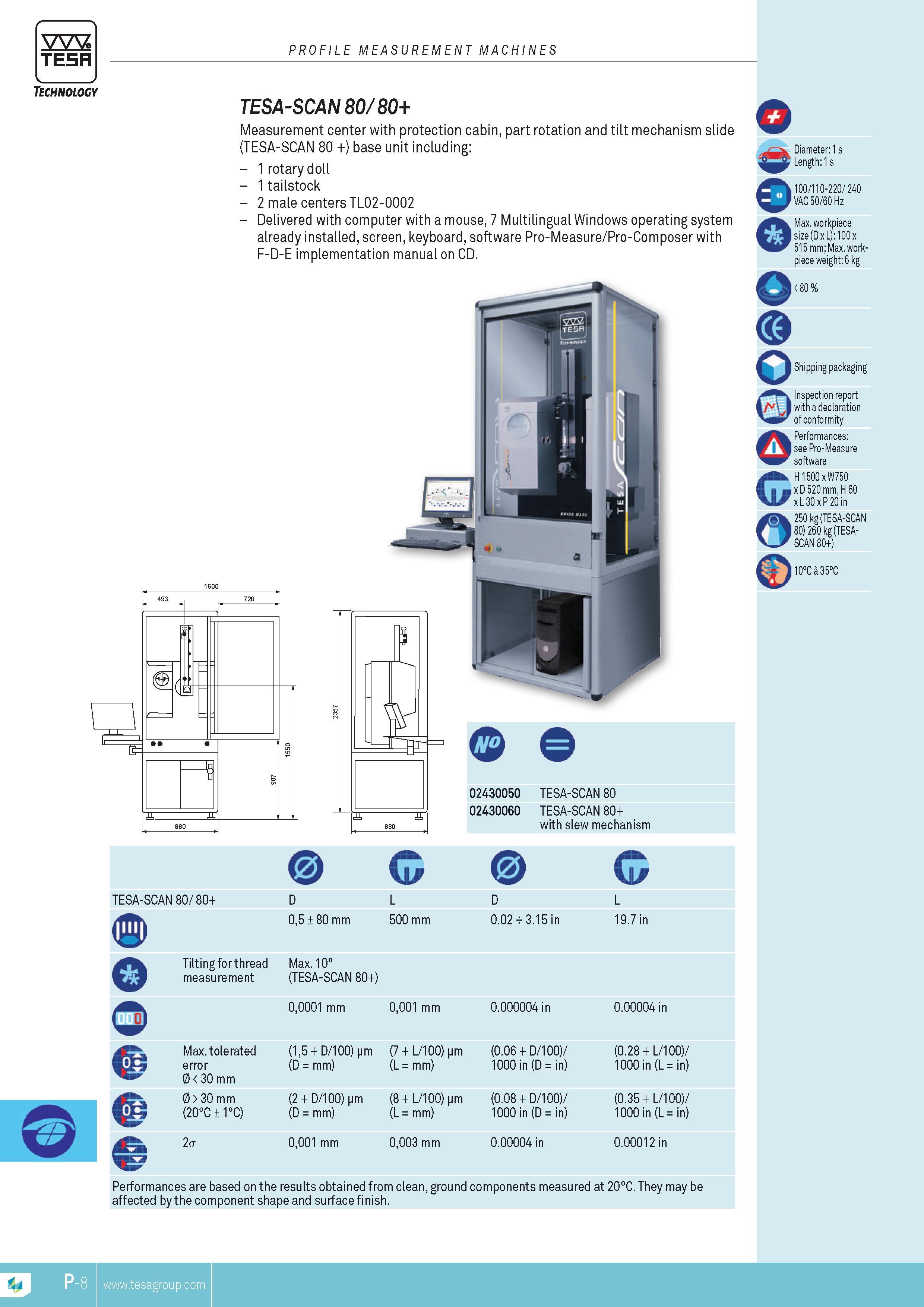 371 TESA PROFILE MEASUREMENT MACHINES Technology TESA-SCAN 80 80+ TESA-SCAN 80 80+ MEASUREMENT center with protection cabin part rotation and tilt mechani Каталог TESA 2014 Контрольно-измерительный инструмент и оборудование Стр. P-8 ENG