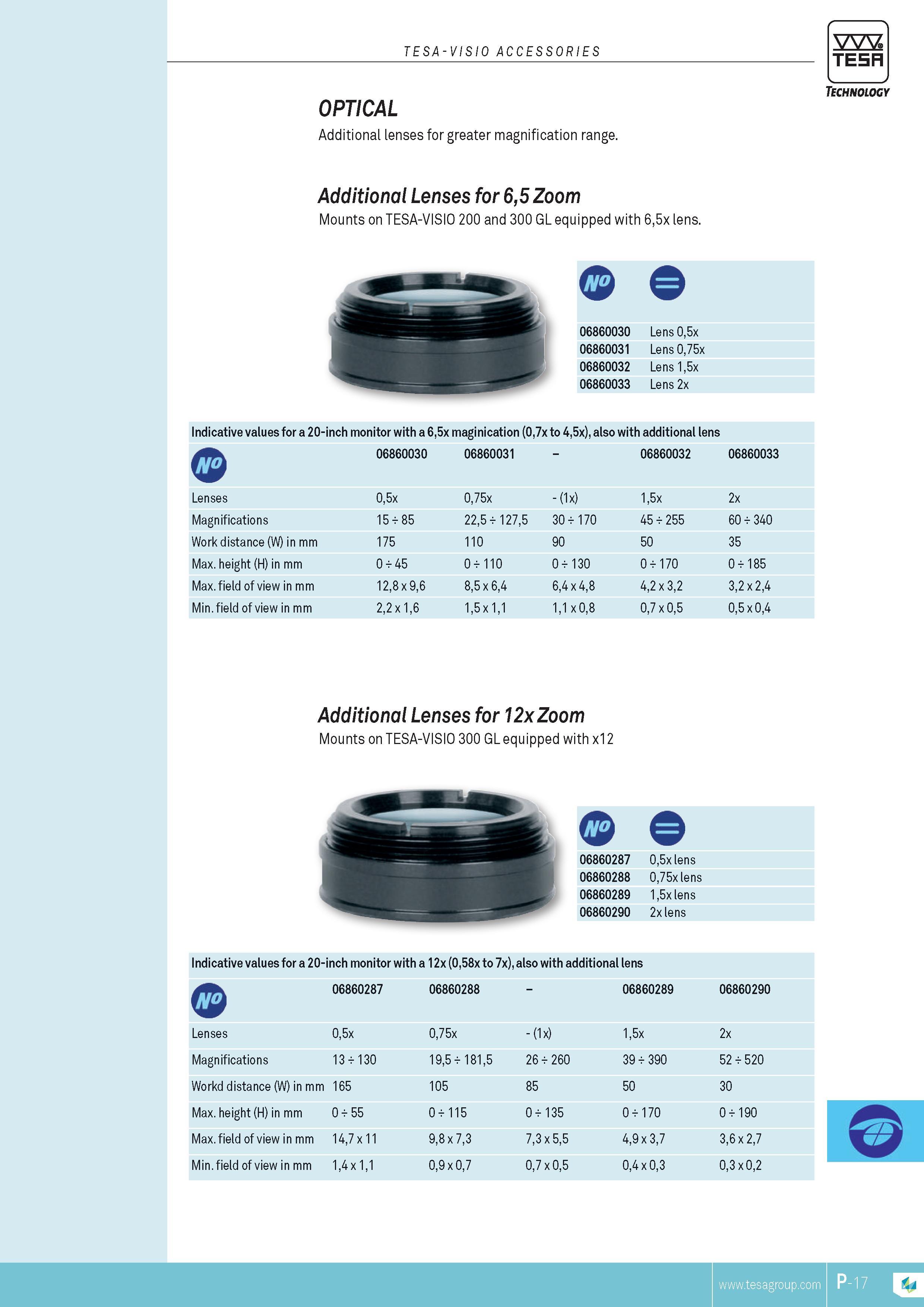 380 TESA-VISIO ACCESSORIES TESA OPTICAL Additional lenses for greater magnification range Technology Additional Lenses for 65 Zoom Mounts on TESA-VISIO 20 Каталог TESA 2014 Контрольно-измерительный инструмент и оборудование Стр. P-17 ENG