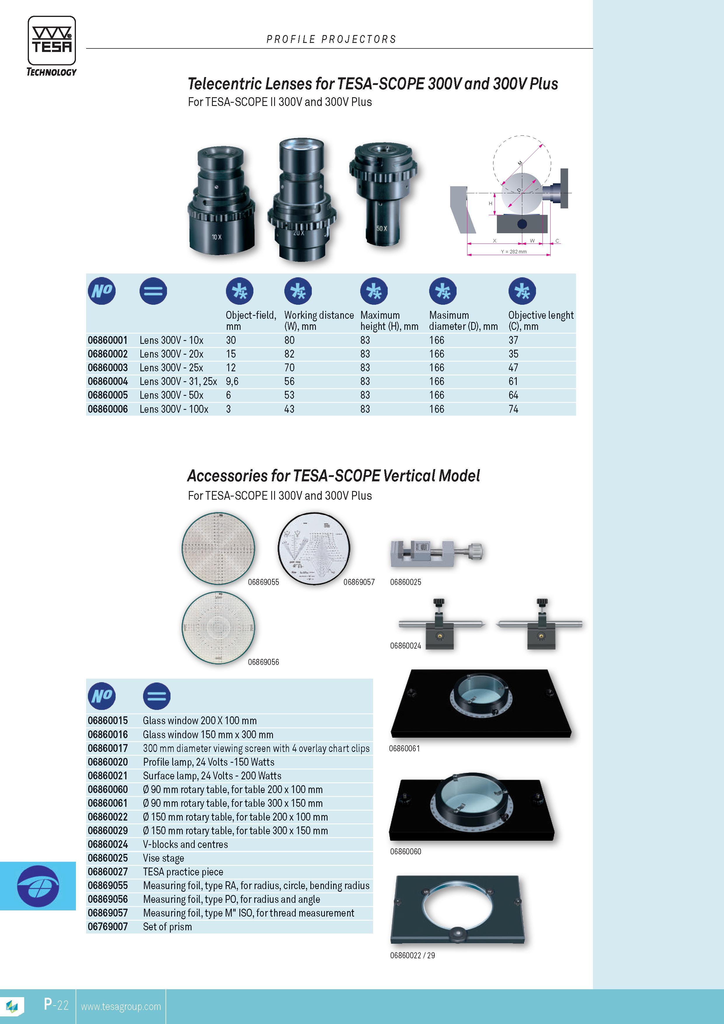 385 TESA Technology PROFILE PROJECTORS Telecentric Lenses for TESA-SOOPE 300Vand 300VPlus For TESA-SCOPE II 300V and 300V Plus Object-field Working distan Каталог TESA 2014 Контрольно-измерительный инструмент и оборудование Стр. P-22 ENG