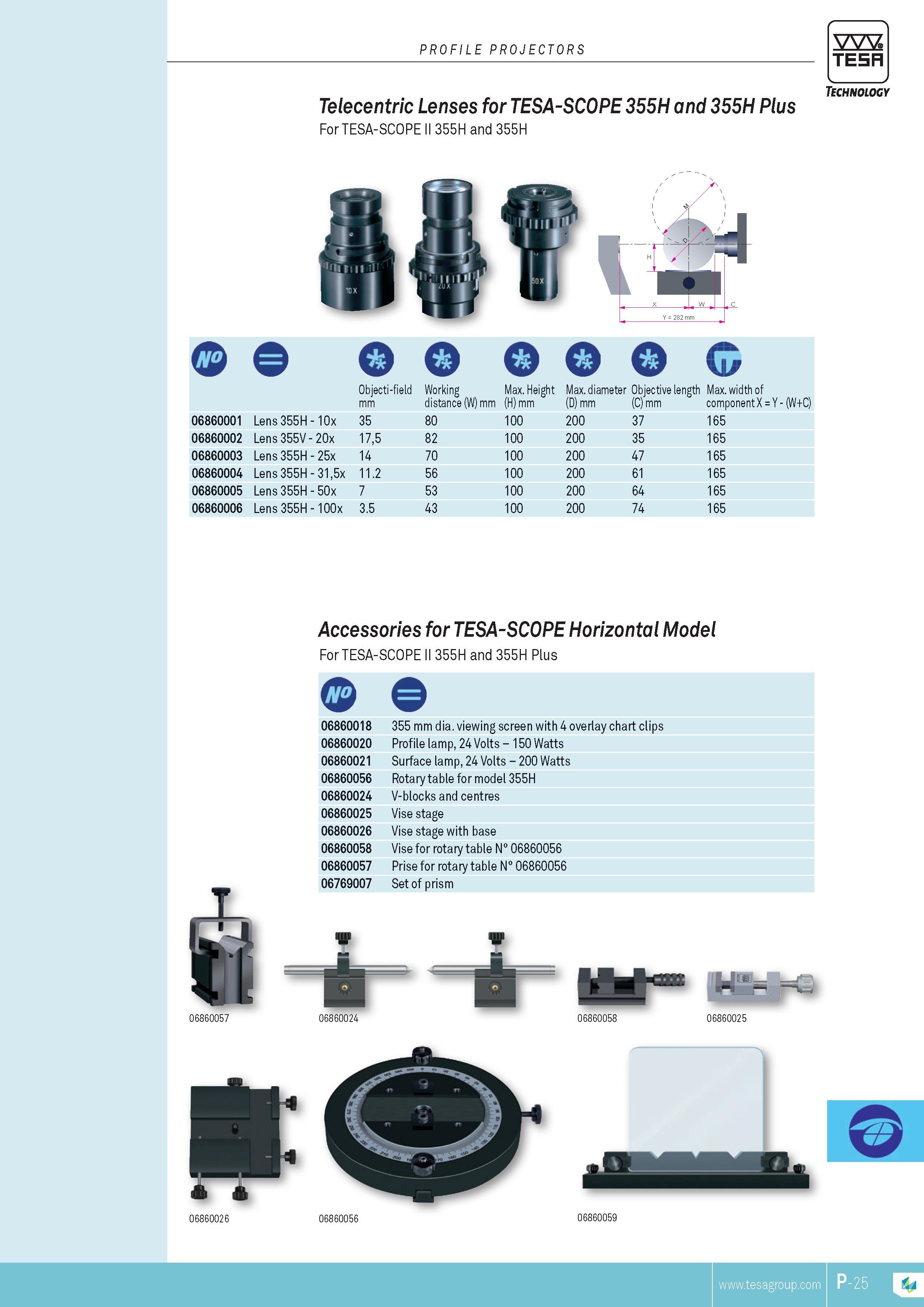 388 PROFILE PROJECTORS TESA Technology Telecentric Lenses for TEsA-sCOpE 355H and 355H plus For TESA-SCOPE II 355H and 355H Q Q Q Q Q Q Objecti-field Work Каталог TESA 2014 Контрольно-измерительный инструмент и оборудование Стр. P-25 ENG