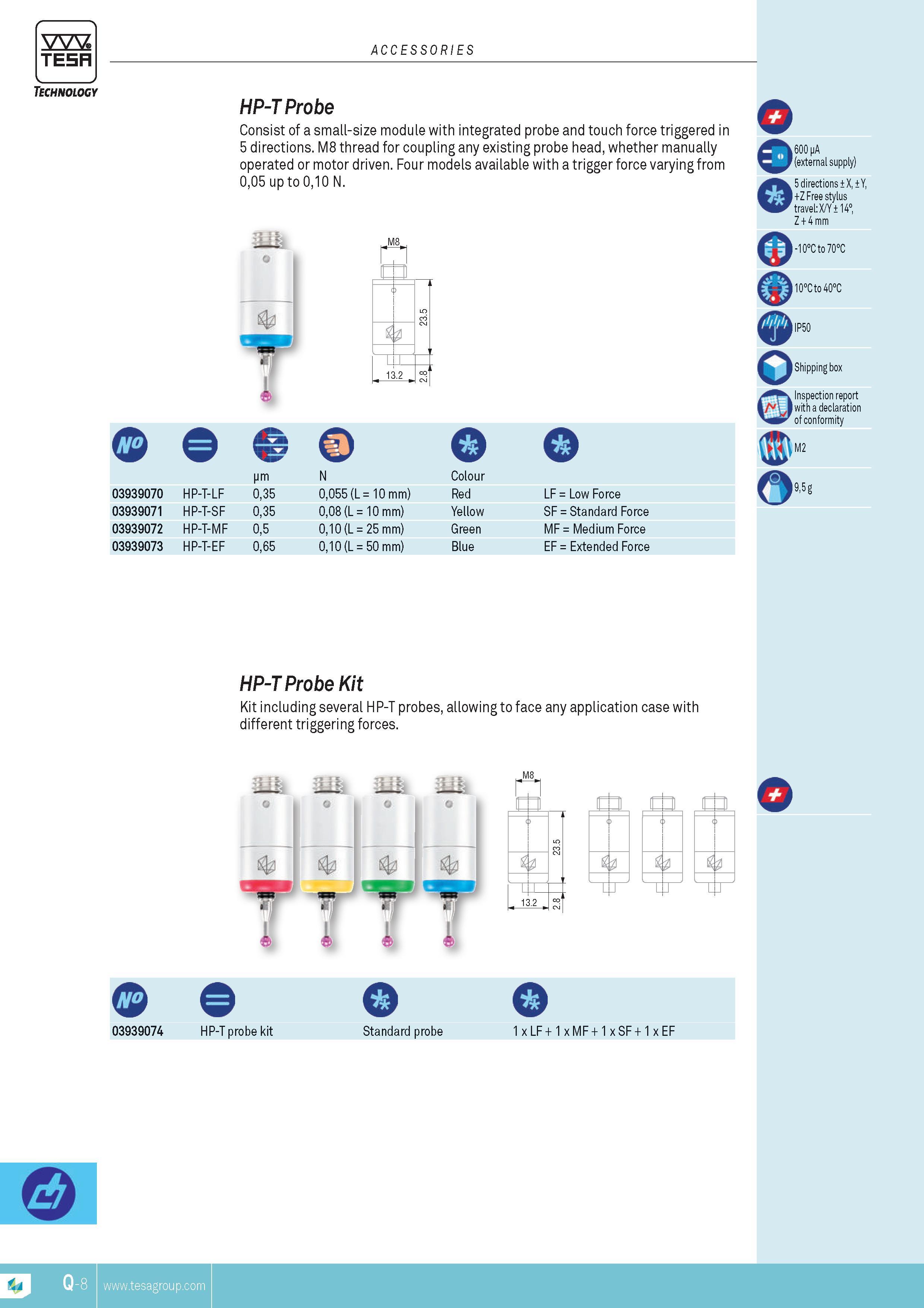 399 TESA ACCESSORIES Technology Hp-T probe Consist of a small-size module with integrated probe and touch force triggered in 5 directions M8 thread for co Каталог TESA 2014 Контрольно-измерительный инструмент и оборудование Стр. Q-8 ENG