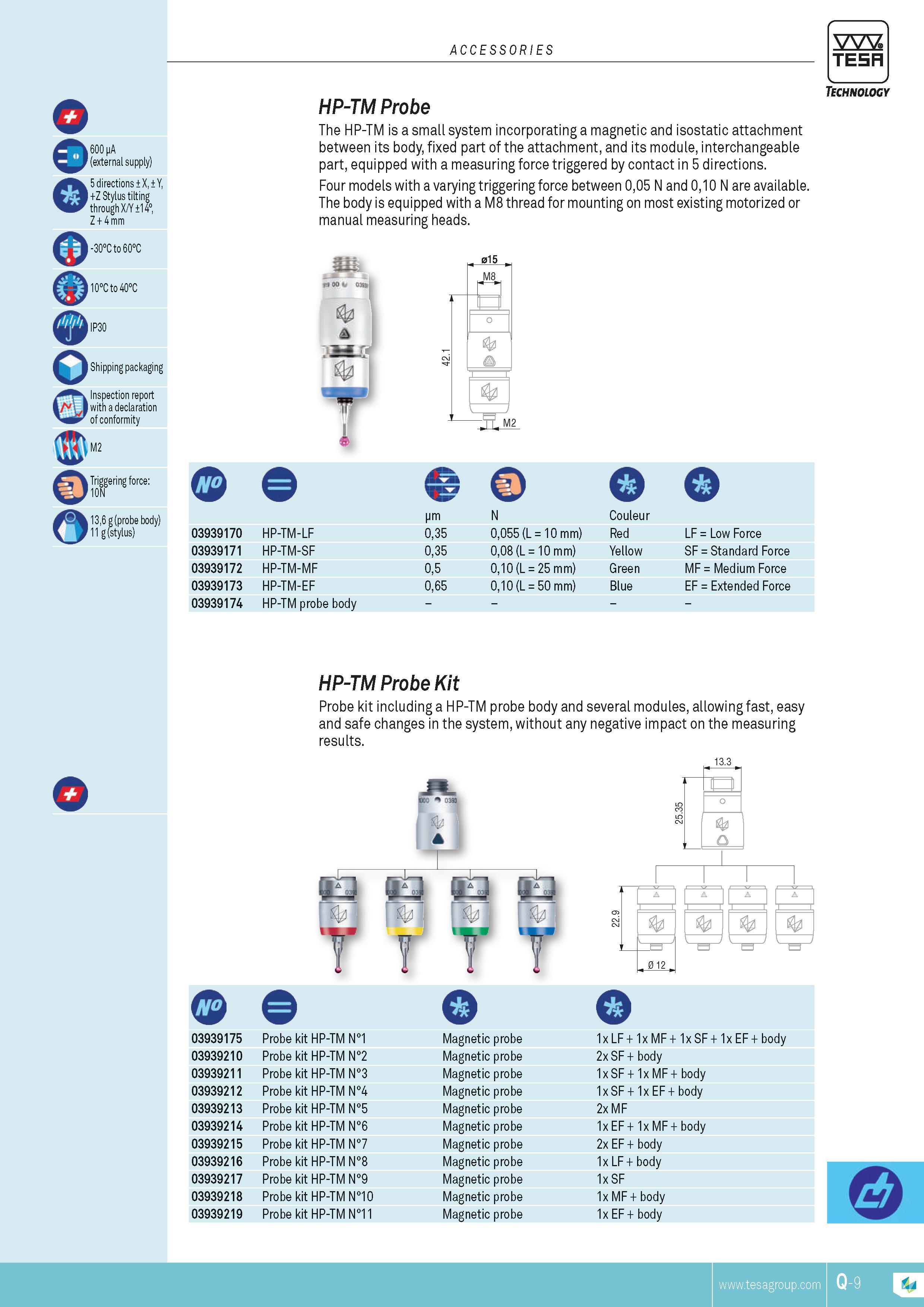 400 ACCESSORIES TESA 600 pA (external supply) 5 directions X Y +Z Stylus tilting through X Y 14 Z + 4 mm -30C to 60C 10C to 40C IP30 Shipping packaging In Каталог TESA 2014 Контрольно-измерительный инструмент и оборудование Стр. Q-9 ENG