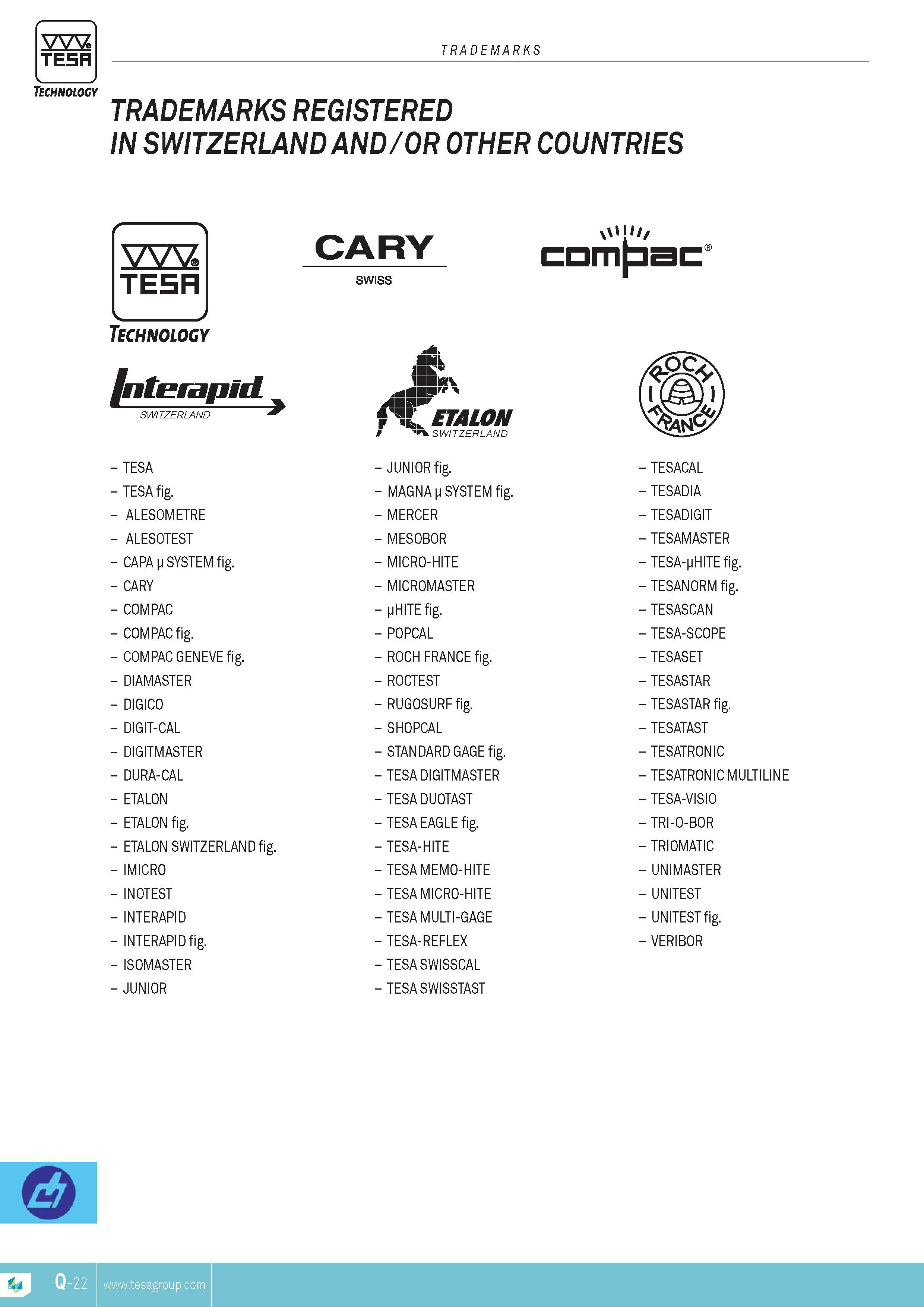 413 TESA TRADEMARKS Technology trademarks registered in Switzerland and or other countries TESA CARY campac SWISS Technology Intetapid m SWITZERLAND TESA Каталог TESA 2014 Контрольно-измерительный инструмент и оборудование Стр. Q-22 ENG