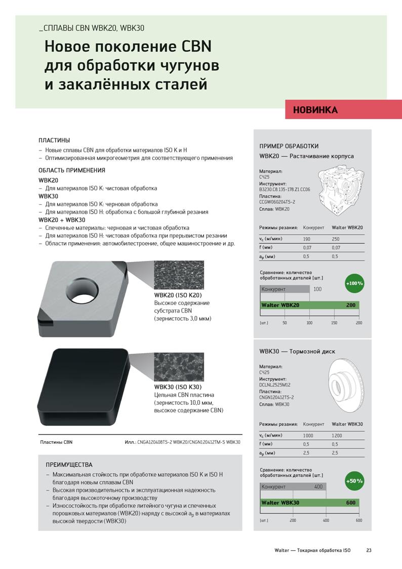 25 СПЛАВЫ CBN WBK20, WBK30 Новое поколение CBN для обработки чугунов и закалённых сталей НОВИНКА ПЛАСТИНЫ - Новые сплавы CBN для обработки материало Каталог WALTER 2020 Инновационный станочный инструмент и технологическая оснастка для точения и растачивания отрезки токарной обработки канавок сверления отверстий в металле Стр. 23