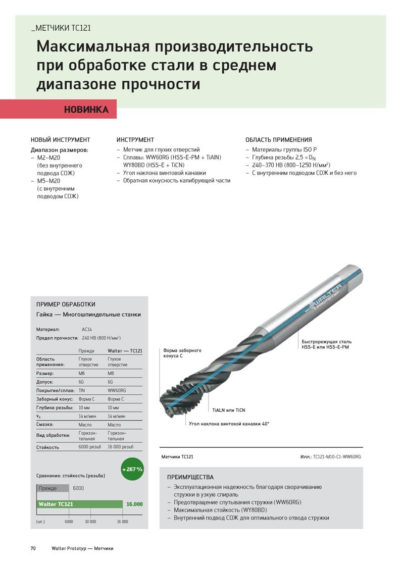 72 МЕТЧИКИ TC121 Максимальная производительность при обработке стали в среднем диапазоне прочности НОВИНКА НОВЫЙ ИНСТРУМЕНТ Диапазон размеров: - M2- Каталог WALTER 2020 Инновационный станочный инструмент и технологическая оснастка для точения и растачивания отрезки токарной обработки канавок сверления отверстий в металле Стр. 70