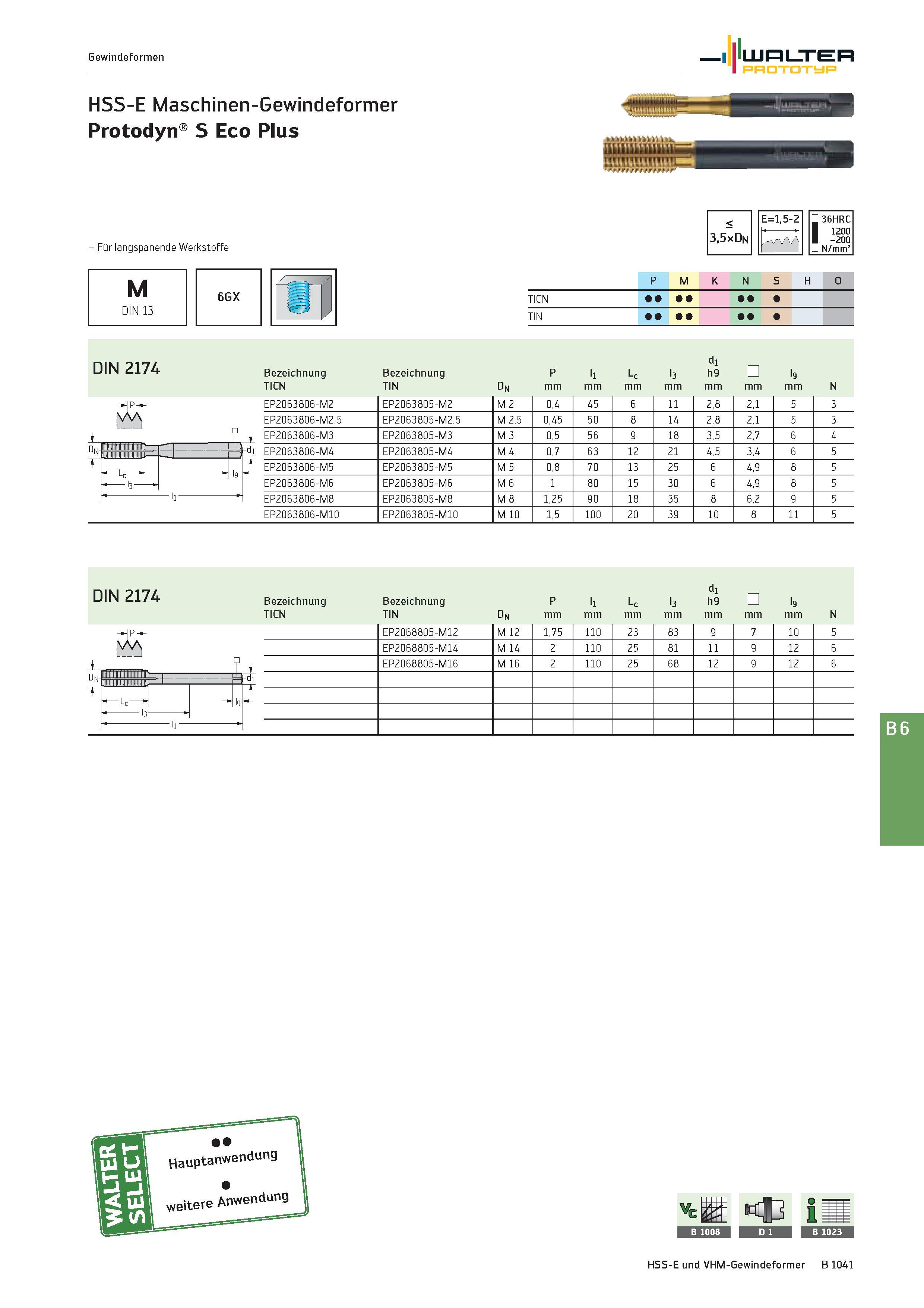 1555 Gewindeformen Walter Prototyp HSS-E Maschinen-Gewindeformer Protodyn S Eco Plus - Für langspanende Werkstoffe M DIN 13 6GX < 3,5xDn E=1,5-2 /WV1 Каталог WALTER 2016 Общий Инструмент станочный режущий и инструментальная оснастка Фрезы монолитные и сборные с твердосплавными сменными пластинами Сверла Резцы Оправки Стр. B1041