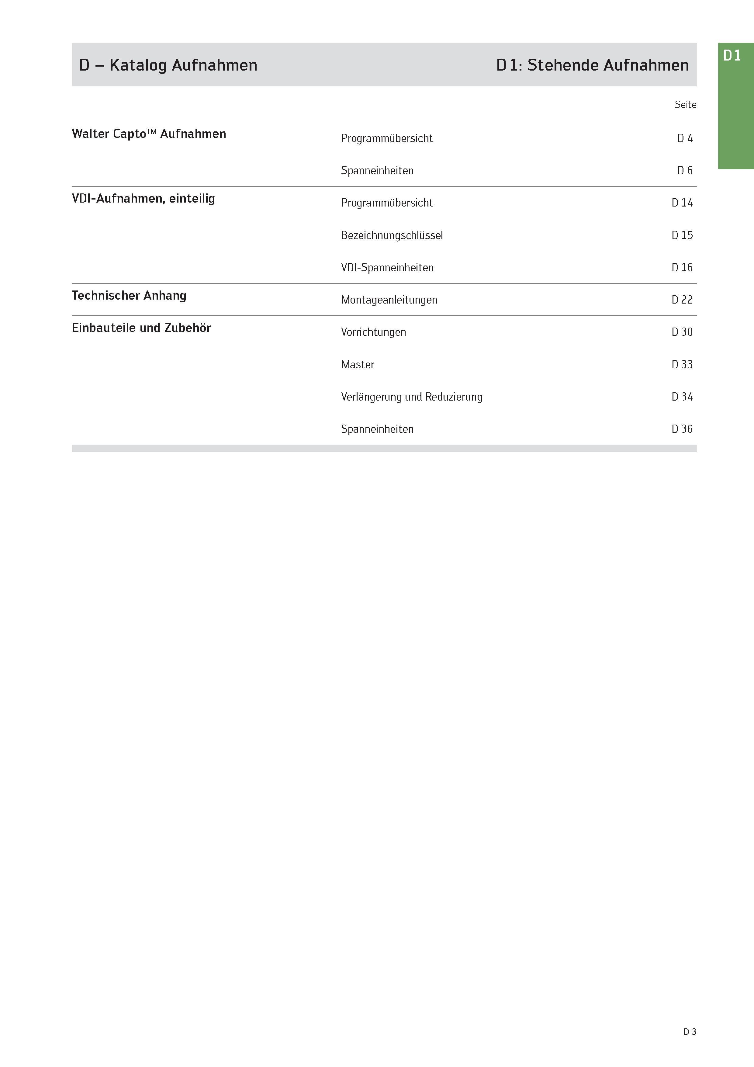 2415 D - Katalog Aufnahmen D 1: Stehende Aufnahmen Seite Walter CaptoTM Aufnahmen Programmübersicht D 4 Spanneinheiten D 6 VDI-Aufnahmen, einteilig Pr Каталог WALTER 2016 Общий Инструмент станочный режущий и инструментальная оснастка Фрезы монолитные и сборные с твердосплавными сменными пластинами Сверла Резцы Оправки Стр. D3