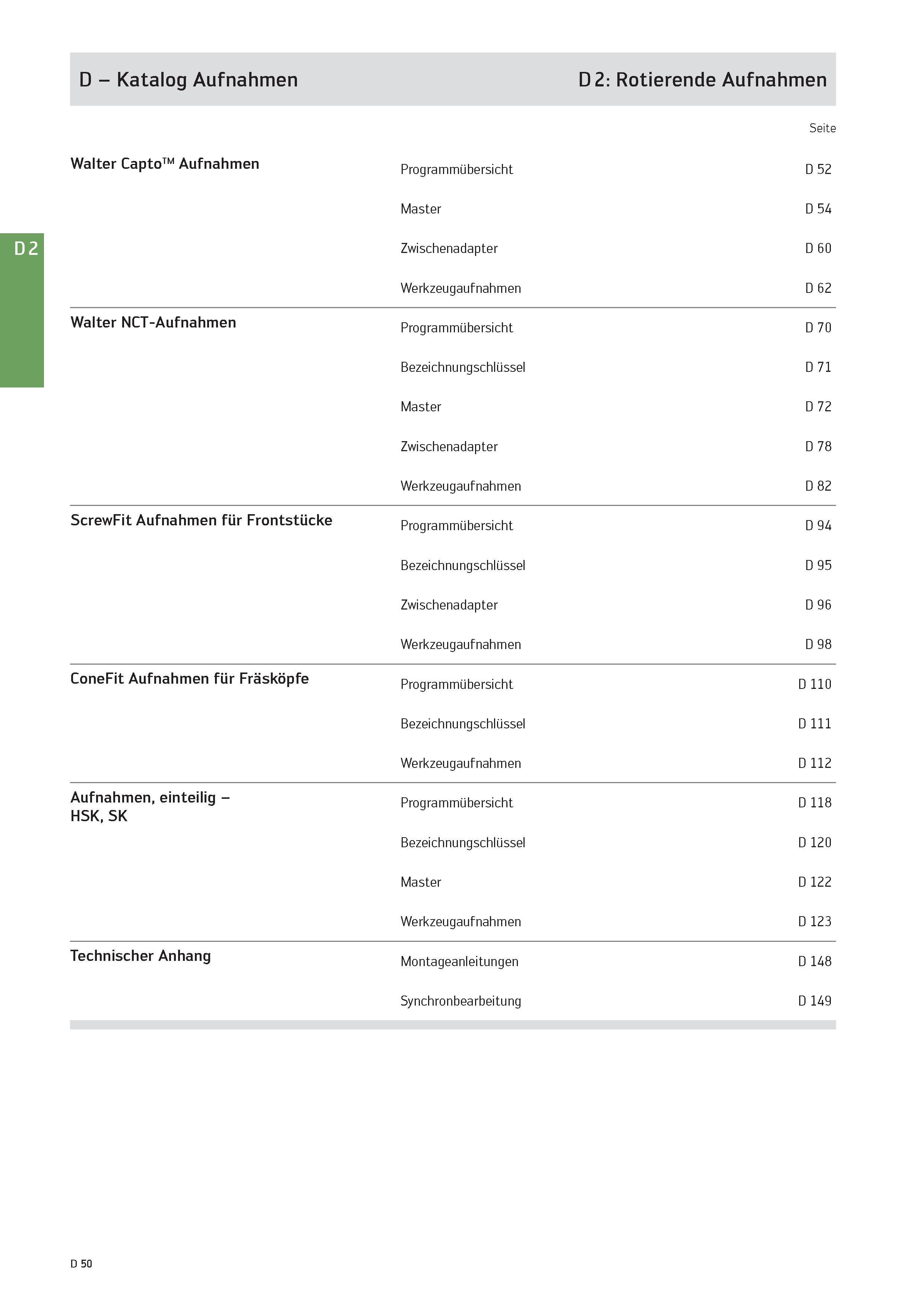 2462 D - Katalog Aufnahmen D 2: Rotierende Aufnahmen Seite Walter CaptoTM Aufnahmen Programmübersicht D 52 Master D 54 Zwischenadapter D 60 Werkzeugau Каталог WALTER 2016 Общий Инструмент станочный режущий и инструментальная оснастка Фрезы монолитные и сборные с твердосплавными сменными пластинами Сверла Резцы Оправки Стр. D50