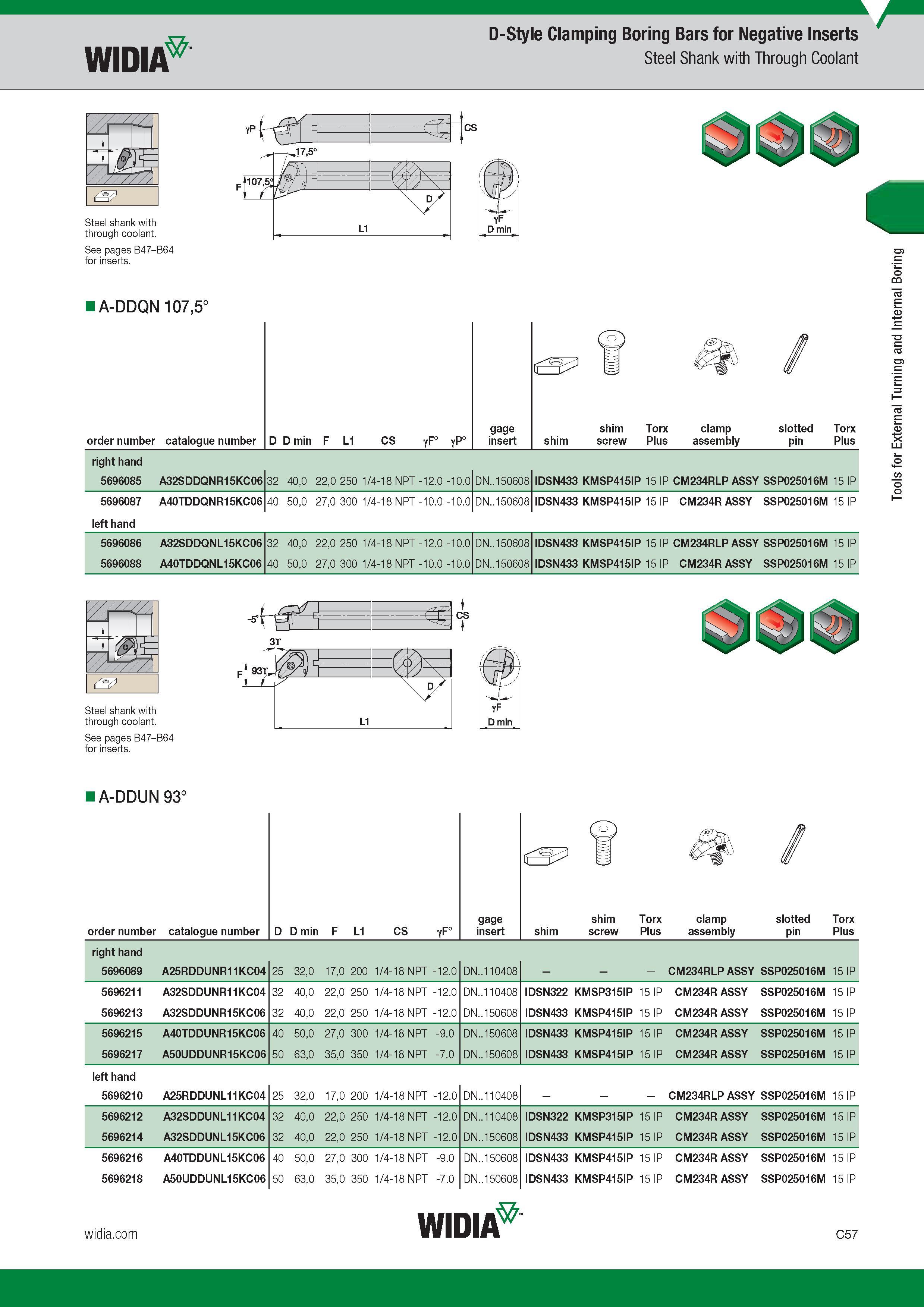 297 Widia D-Style Clamping Boring Bars for Negative Inserts Steel Shank with Through Coolant + Steel shank with through coolant See pages B47-B64 for i Каталог WIDIA 2017 Металлорежущий инструмент Стационарный и вращающийся для металлообрабатывающих станков и оборудования Стр. C57 ENG