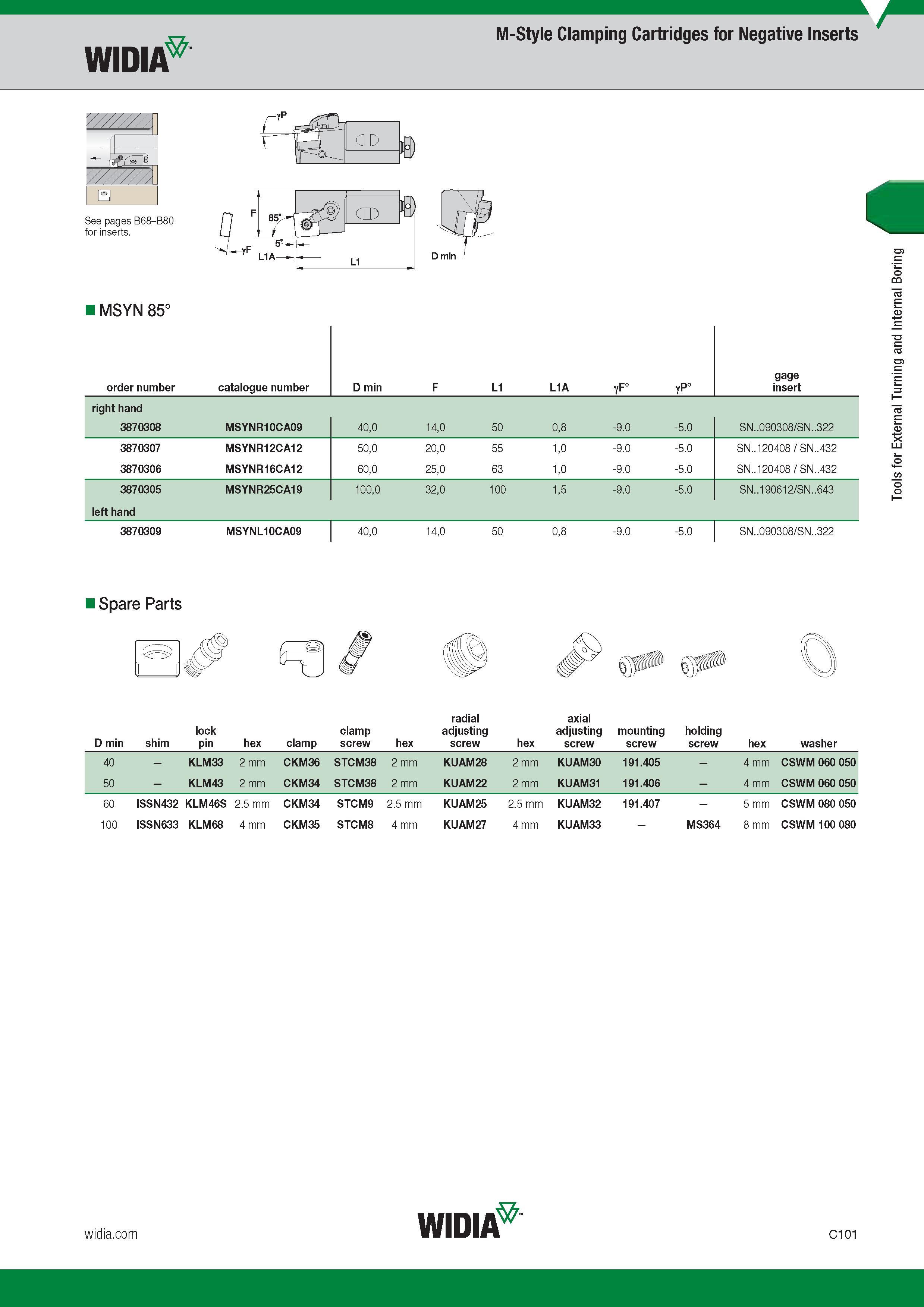 341 M-Style Clamping Cartridges for Negative Inserts Widia Номер для заказа продукции Order number Catalogue number Обозначение инструмента по каталогу Каталог WIDIA 2017 Металлорежущий инструмент Стационарный и вращающийся для металлообрабатывающих станков и оборудования Стр. C101 ENG