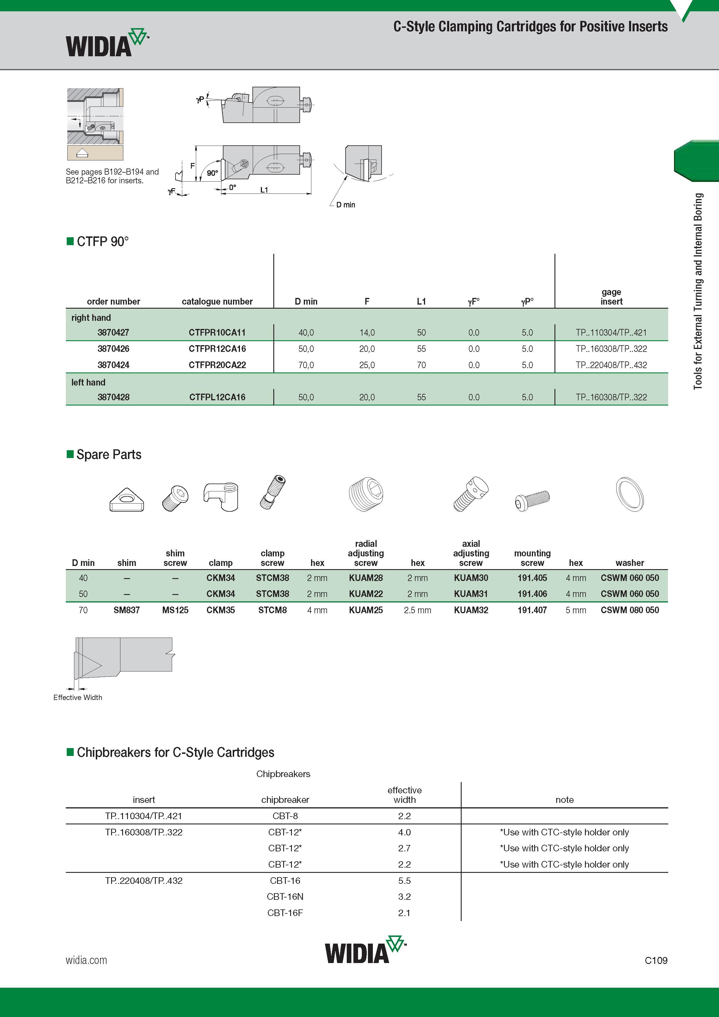 349 C-Style Clamping Cartridges for Positive Inserts Widia CTFP 90° Номер для заказа продукции Order number Catalogue number Обозначение инструмента по Каталог WIDIA 2017 Металлорежущий инструмент Стационарный и вращающийся для металлообрабатывающих станков и оборудования Стр. C109 ENG