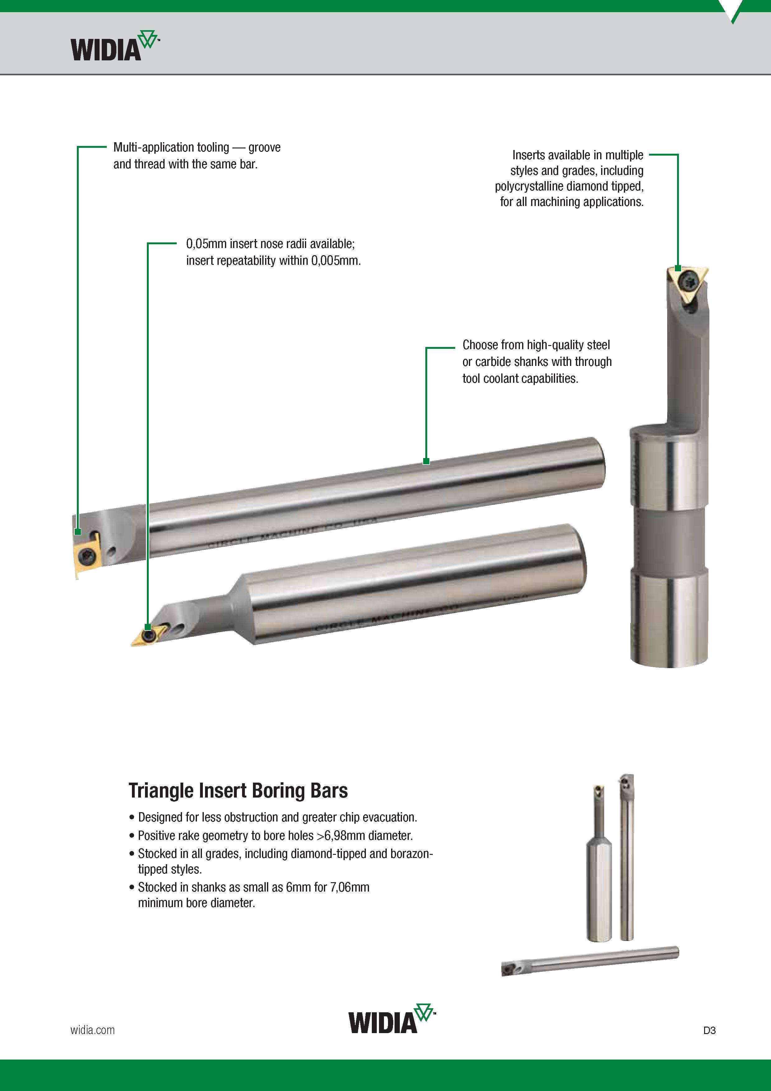 373 Widia Multi-application tooling groove Inserts available in multiple and thread with the same bar styles and grade s, including polycrystalline dia Каталог WIDIA 2017 Металлорежущий инструмент Стационарный и вращающийся для металлообрабатывающих станков и оборудования Стр. D3 ENG