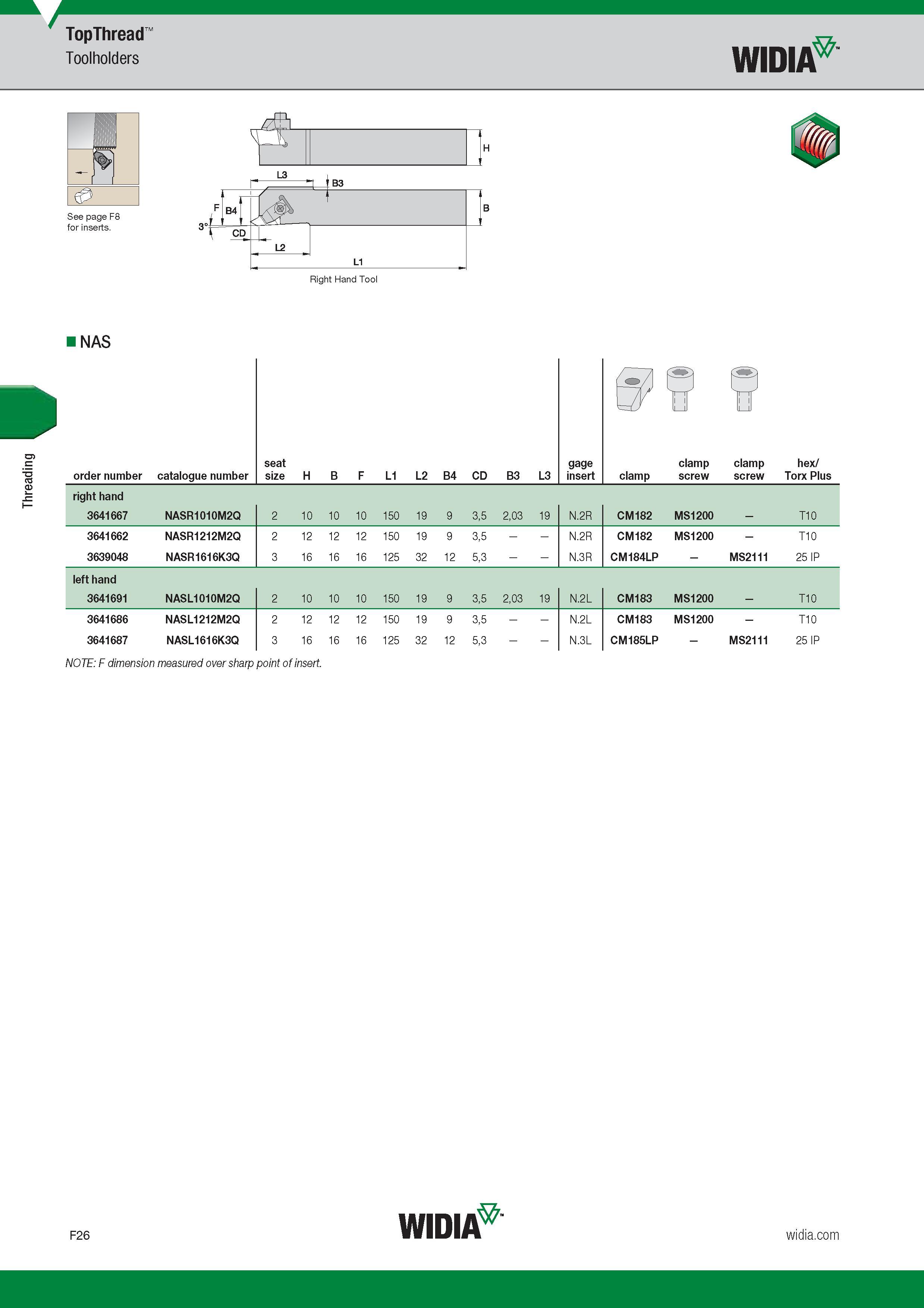624 Threading TopThread Toolholders Widia See page F8 for inserts NAS Номер для заказа продукции Order number Catalogue number Обозначение инструмента Каталог WIDIA 2017 Металлорежущий инструмент Стационарный и вращающийся для металлообрабатывающих станков и оборудования Стр. F26 ENG