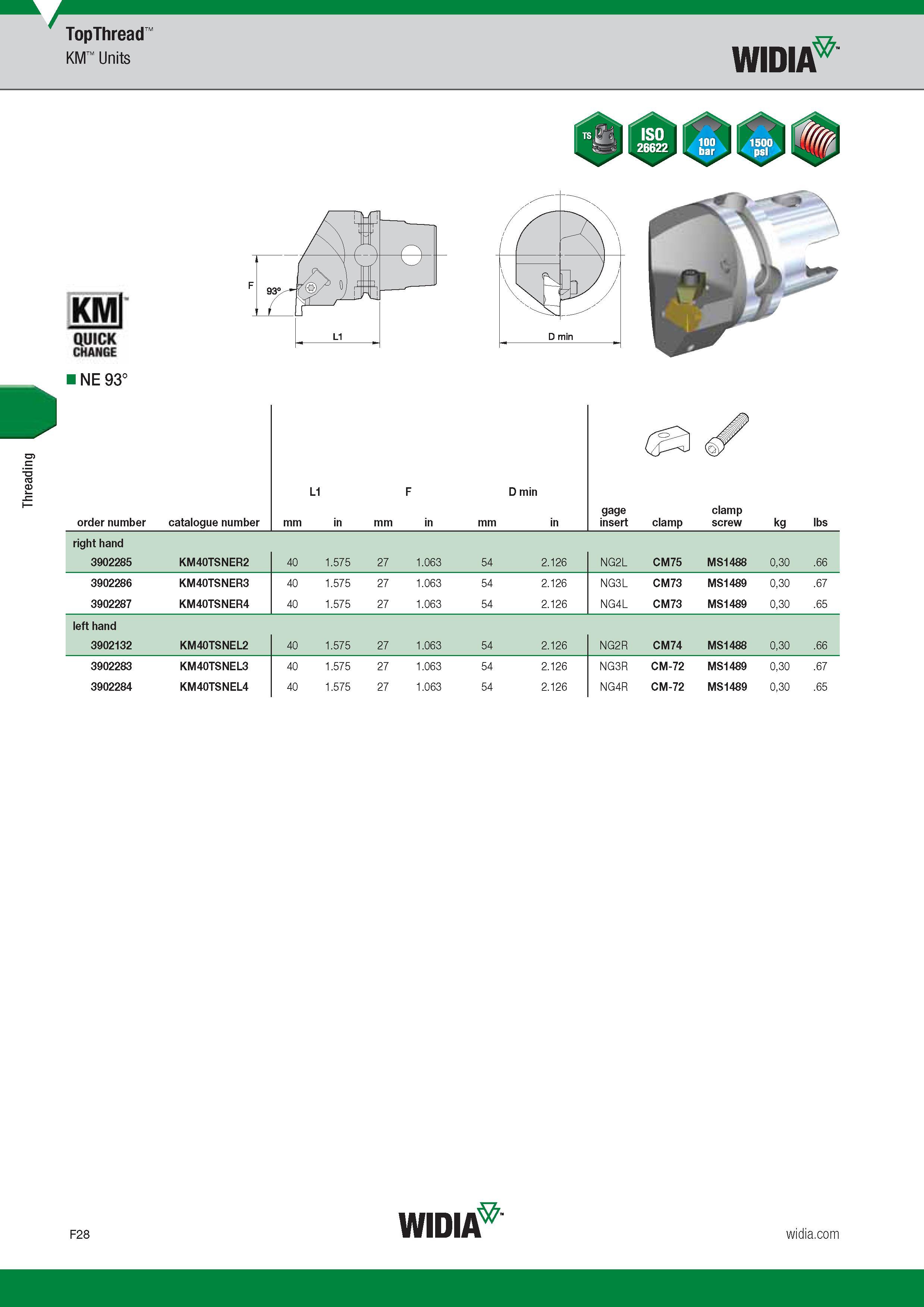 626 Threading TopThread KM Units Widia KM QUICK CHANGE NE 93° Номер для заказа продукции Order number Catalogue number Обозначение инструмента по катал Каталог WIDIA 2017 Металлорежущий инструмент Стационарный и вращающийся для металлообрабатывающих станков и оборудования Стр. F28 ENG