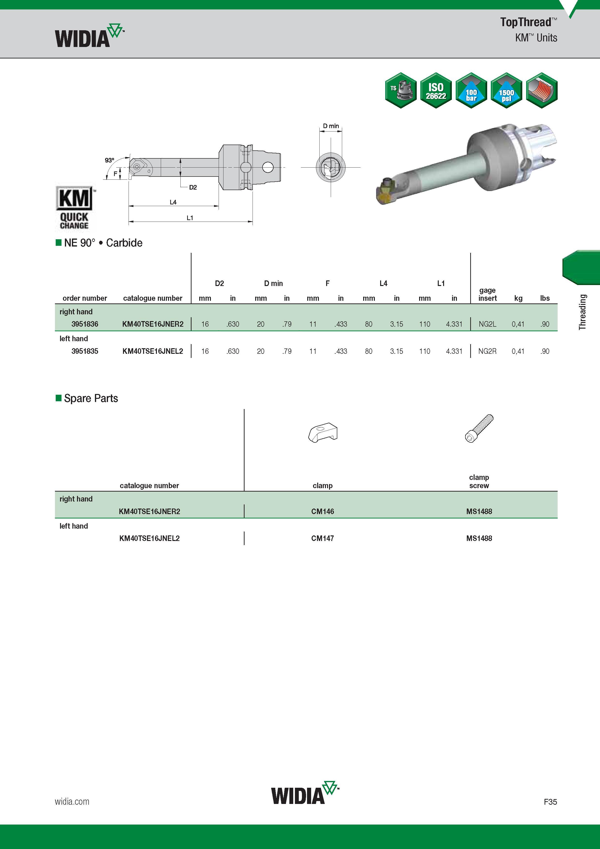 633 Widia TopThread KM Units NE 90° Carbide Номер для заказа продукции Order number Catalogue number Обозначение инструмента по каталогу D2 mm in D min Каталог WIDIA 2017 Металлорежущий инструмент Стационарный и вращающийся для металлообрабатывающих станков и оборудования Стр. F35 ENG