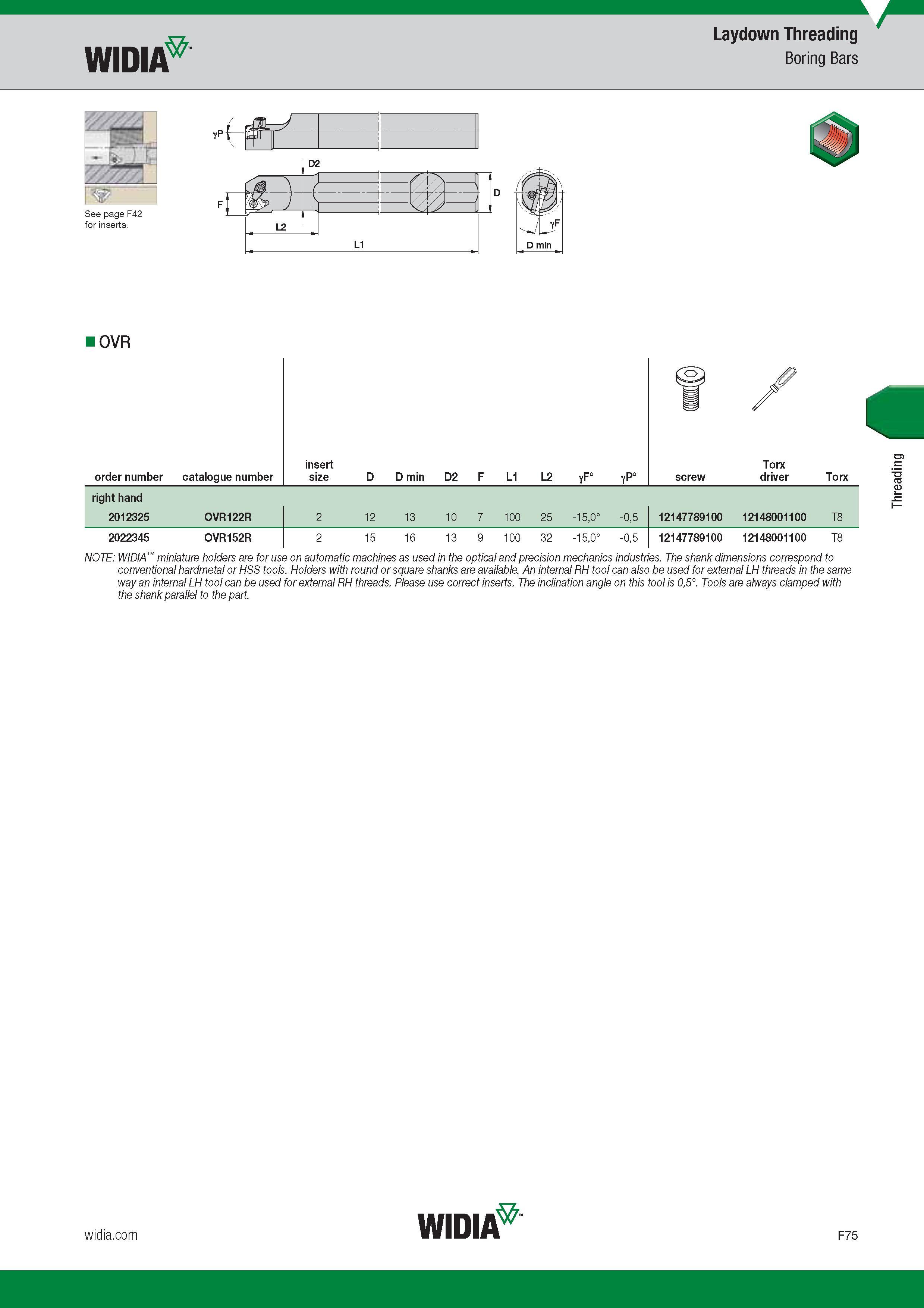 673 Widia Laydown Threading Boring Bars See page F42 for inserts OVR 2012325 OVR122R 12 13 10 7 100 25 -15,0° -0,5 12147789100 12148001100 T8 2022345 O Каталог WIDIA 2017 Металлорежущий инструмент Стационарный и вращающийся для металлообрабатывающих станков и оборудования Стр. F75 ENG