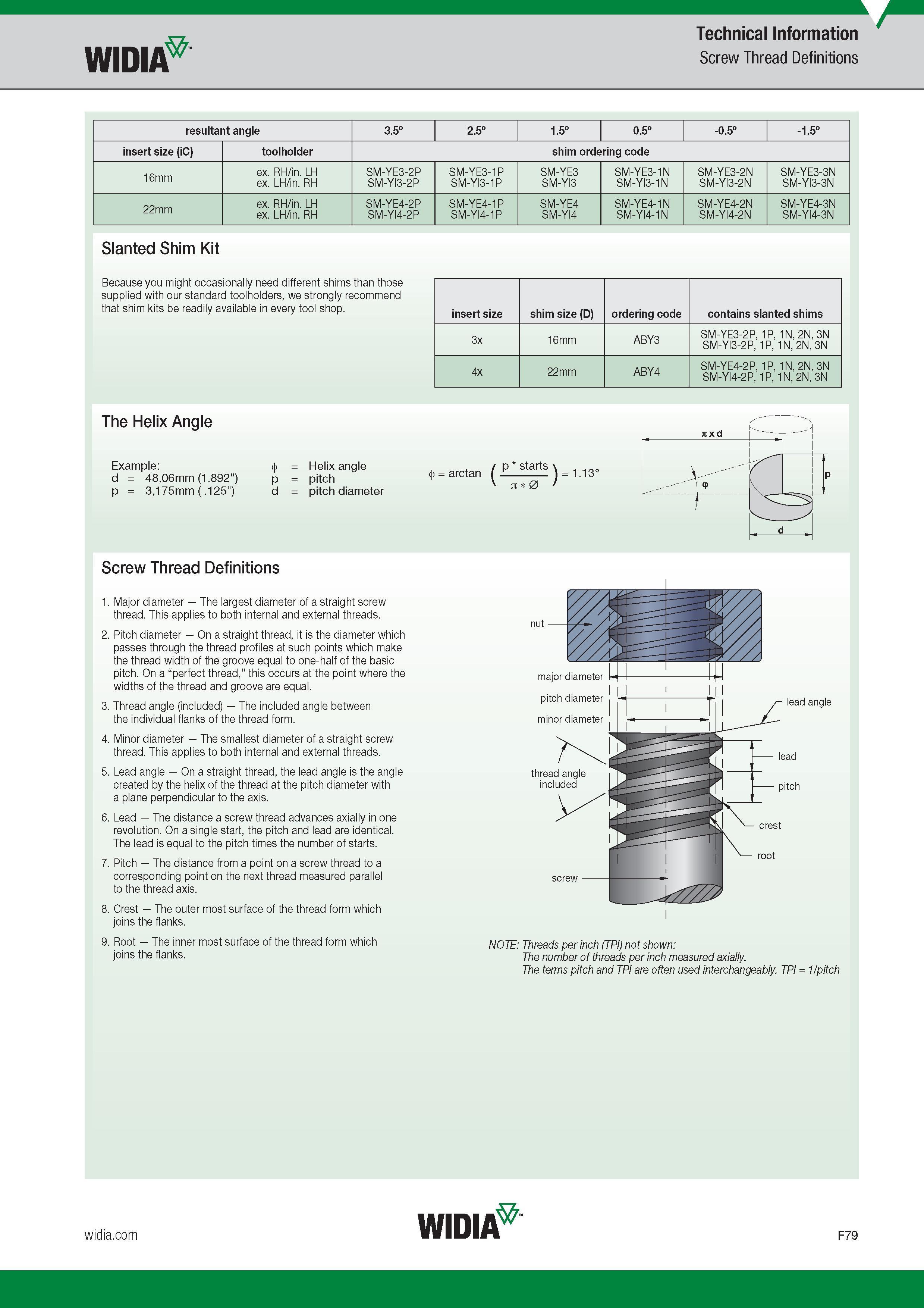 677 Screw Thread Definitions Major diameter The largest diameter of a straight screw thread This applies to both internal and external threads Pitch di Каталог WIDIA 2017 Металлорежущий инструмент Стационарный и вращающийся для металлообрабатывающих станков и оборудования Стр. F79 ENG