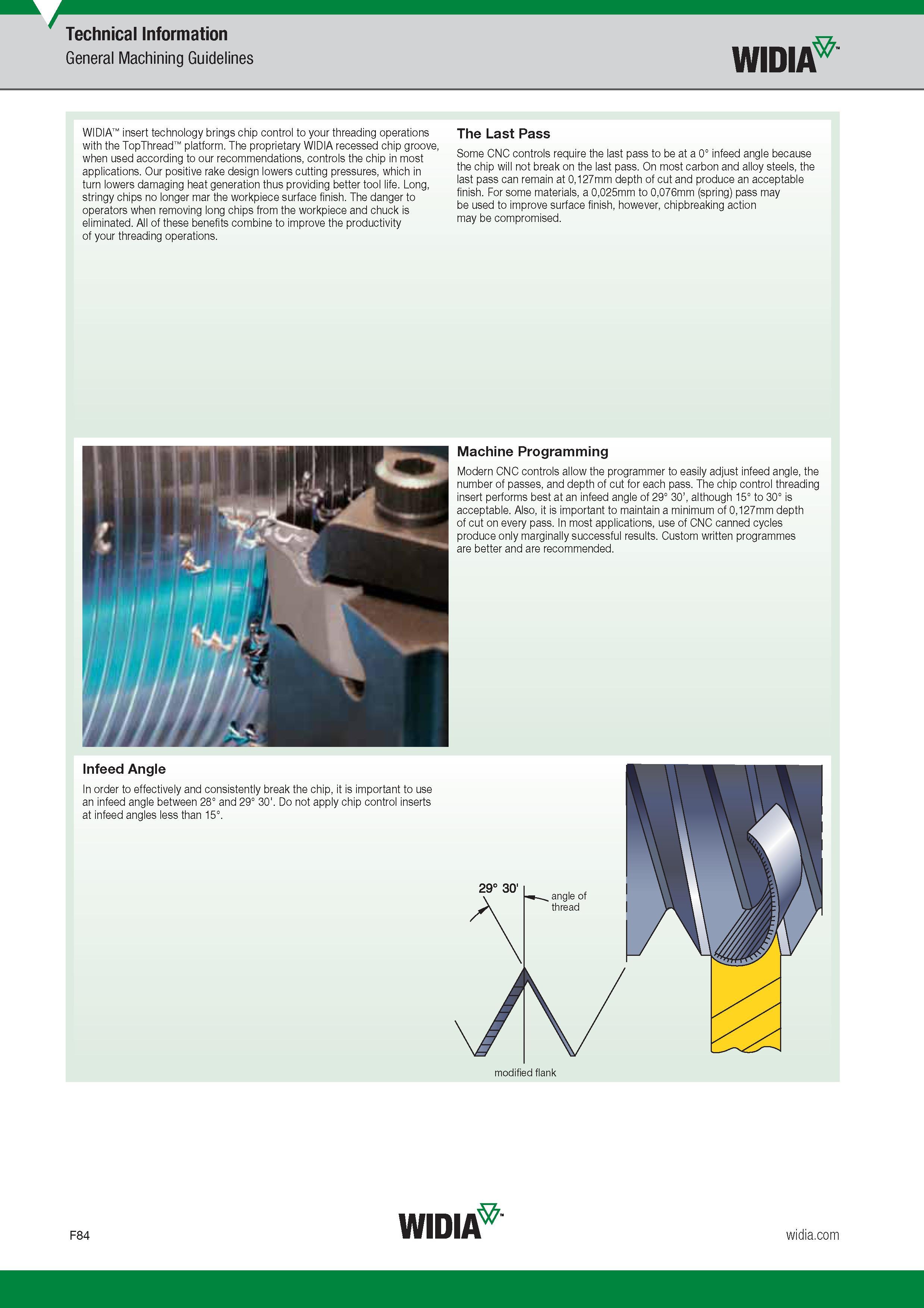 682 Widia insert technology brings chip control to your threading operations with the TopThread platform The proprietary Widia recessed chip groove, wh Каталог WIDIA 2017 Металлорежущий инструмент Стационарный и вращающийся для металлообрабатывающих станков и оборудования Стр. F84 ENG