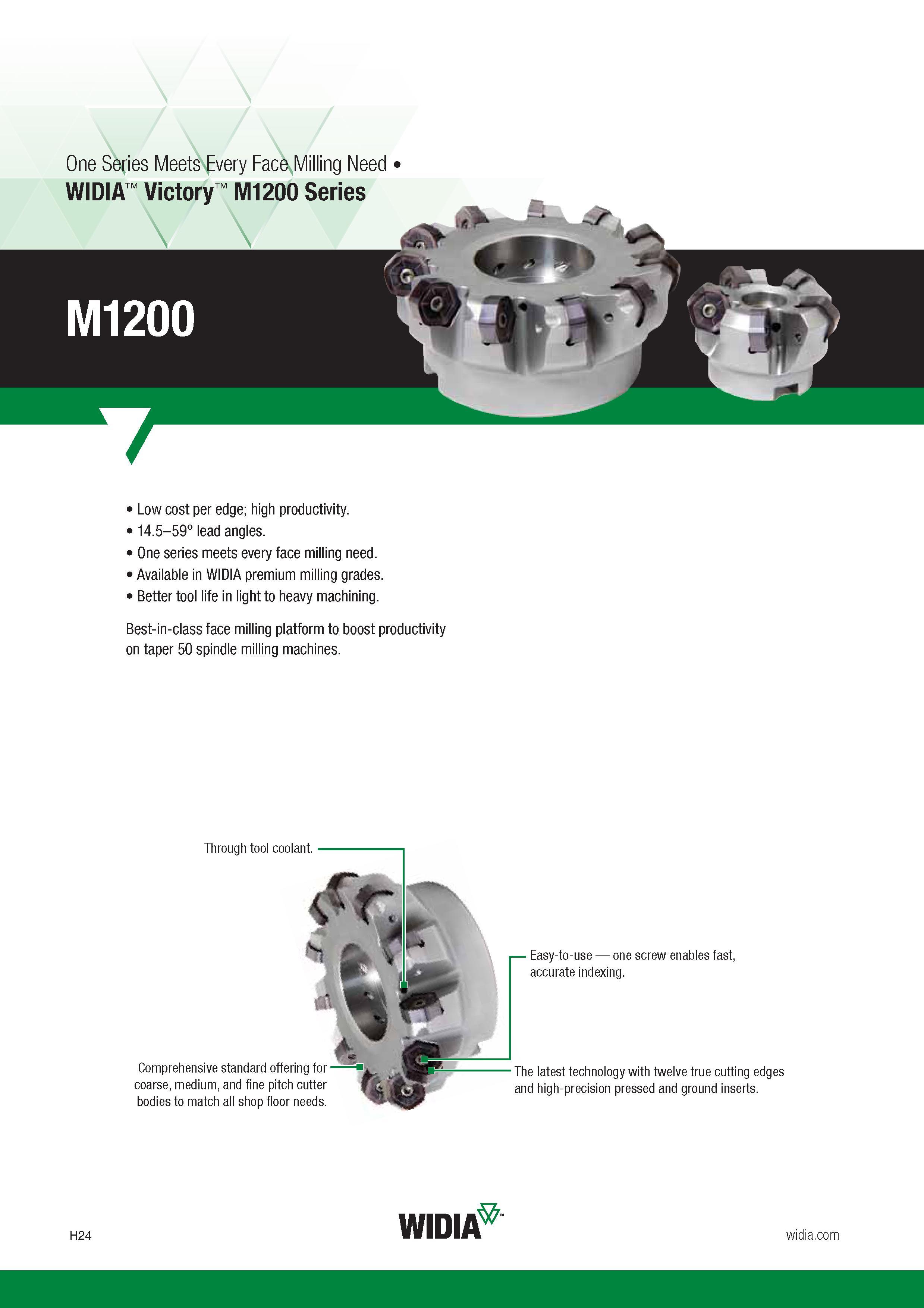 744 One Series Meets Every Face Milling Need Widia Victory M1200 Series M1200 7 Low cost per edge; high productivity 14 5-59° lead angles One series me Каталог WIDIA 2017 Металлорежущий инструмент Стационарный и вращающийся для металлообрабатывающих станков и оборудования Стр. H24 ENG