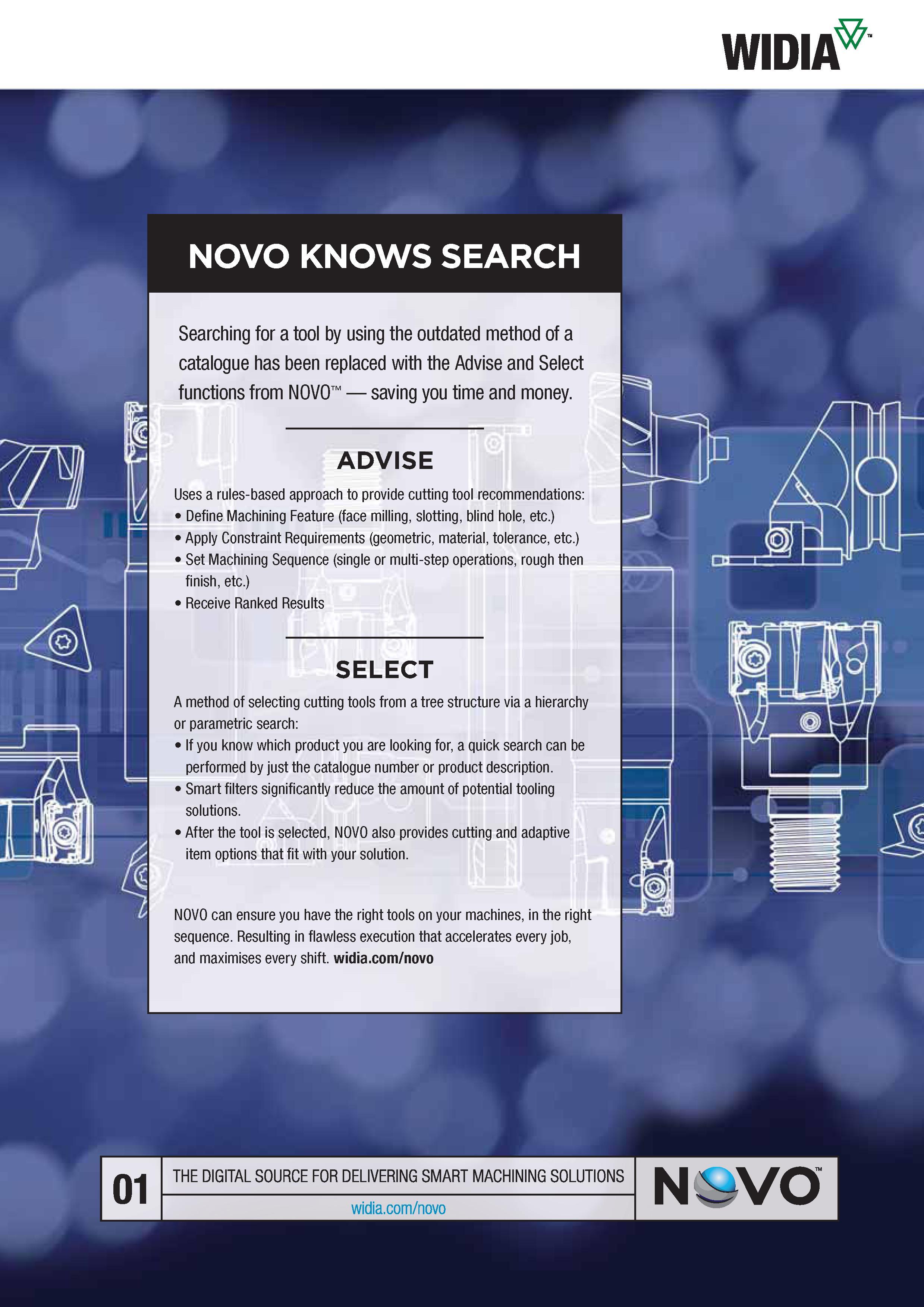 781 Widia NOVO KNOWS SEARCH Searching for a tool by using the outdated method of a catalogue has been replaced with the Advise and Select functions fro Каталог WIDIA 2017 Металлорежущий инструмент Стационарный и вращающийся для металлообрабатывающих станков и оборудования Стр. H61 ENG