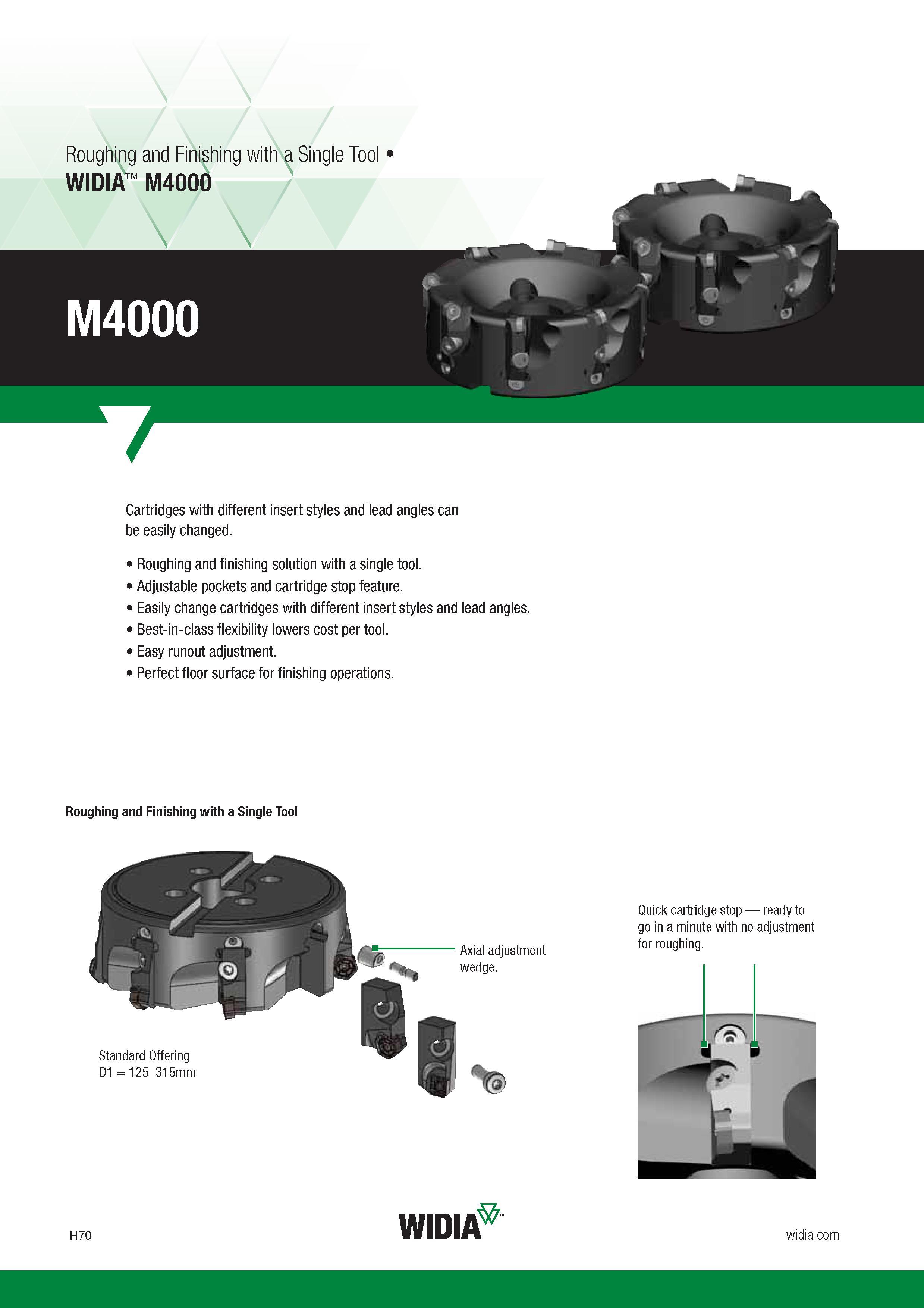 790 Roughing and Finishing Widia M4000 a Single Tool 7 Cartridges with different insert styles and lead angles can be easily changed Roughing and finis Каталог WIDIA 2017 Металлорежущий инструмент Стационарный и вращающийся для металлообрабатывающих станков и оборудования Стр. H70 ENG