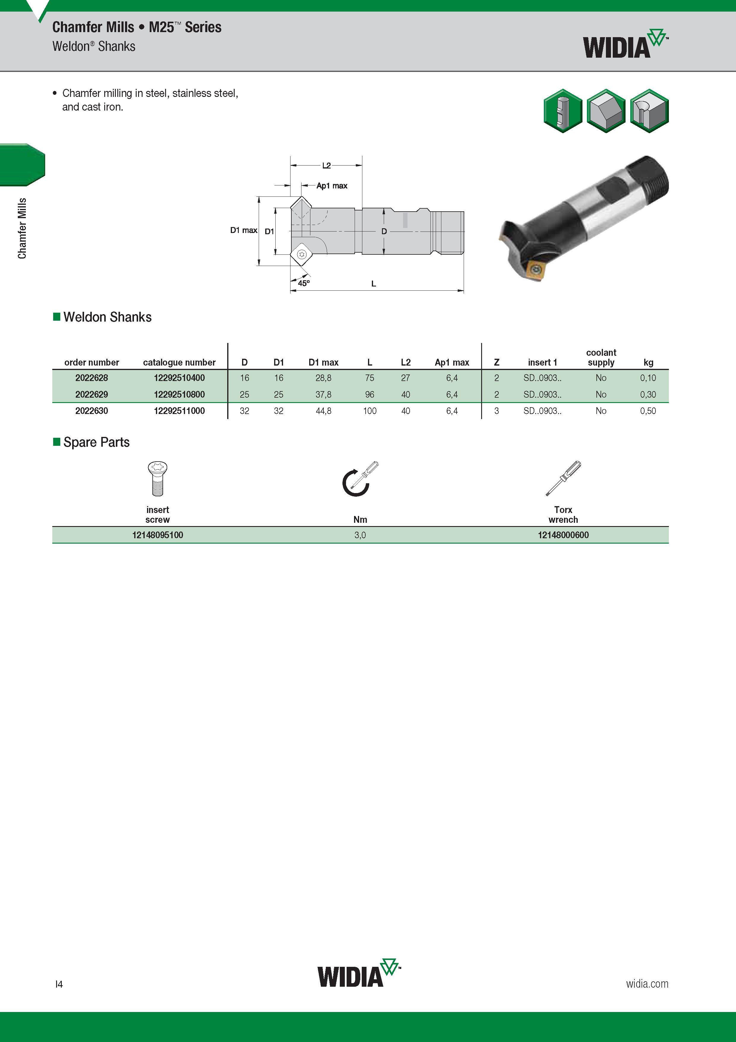 800 Chamfer Mills Widia M25 Series Weldon Shanks Chamfer milling in steel, stainless steel, and cast iron Weldon Shanks order number Catalogue number О Каталог WIDIA 2017 Металлорежущий инструмент Стационарный и вращающийся для металлообрабатывающих станков и оборудования Стр. I4 ENG