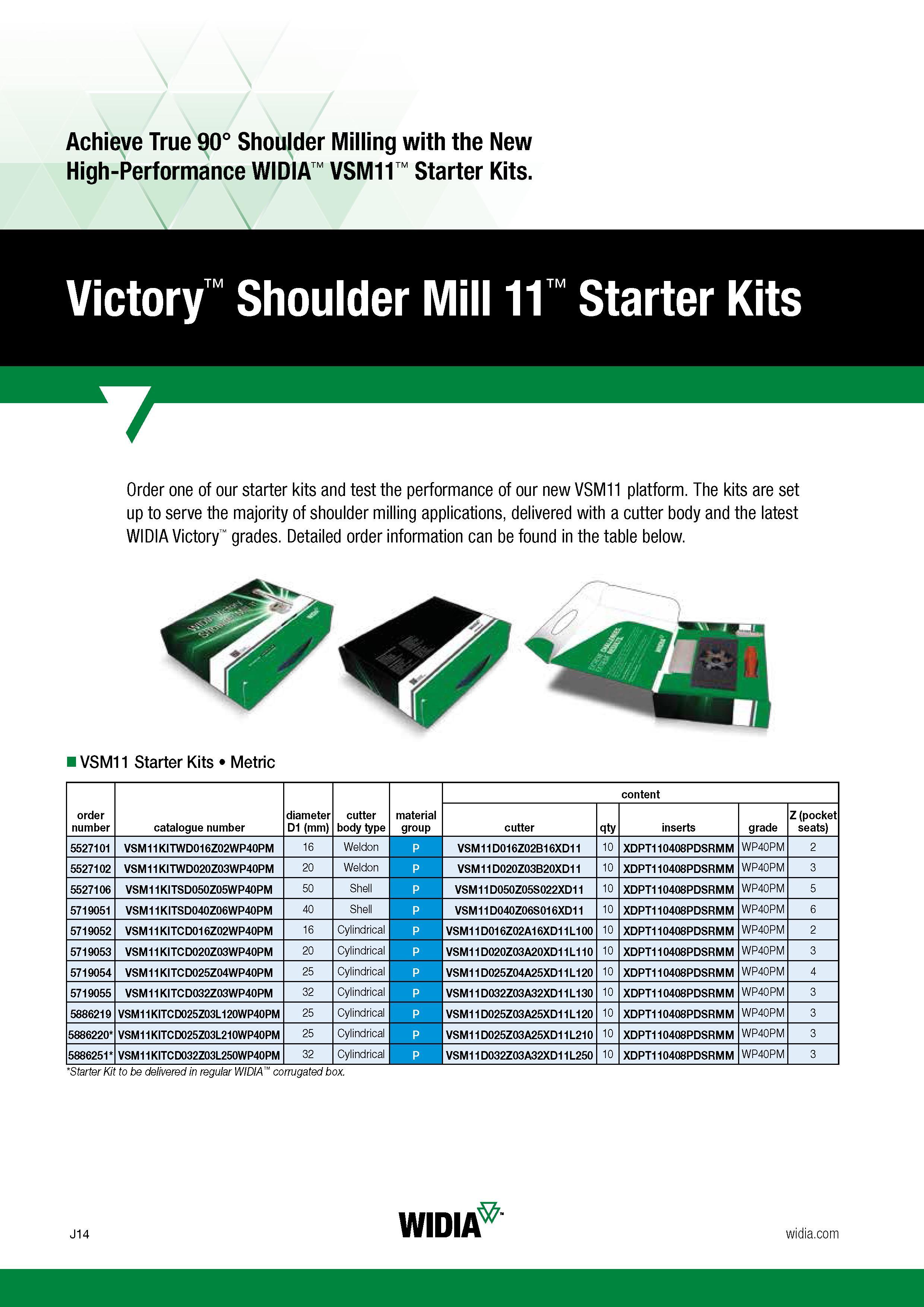 822 The kits are set up to serve the majority of shoulder milling applications, delivered with a cutter body and the latest Widia Victory grade s Detai Каталог WIDIA 2017 Металлорежущий инструмент Стационарный и вращающийся для металлообрабатывающих станков и оборудования Стр. J14 ENG
