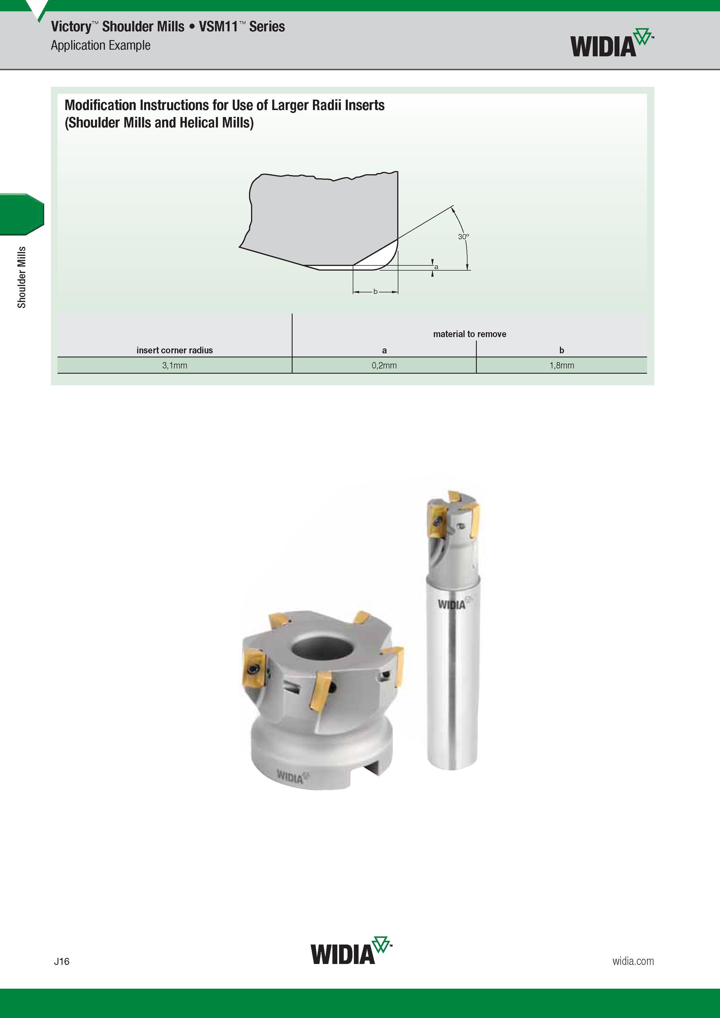 824 Shoulder Mills Widia Victory VSM11 Series Application Example Modification Instructions for Use of Larger Radii Inserts (Shoulder Mills and Helical Каталог WIDIA 2017 Металлорежущий инструмент Стационарный и вращающийся для металлообрабатывающих станков и оборудования Стр. J16 ENG