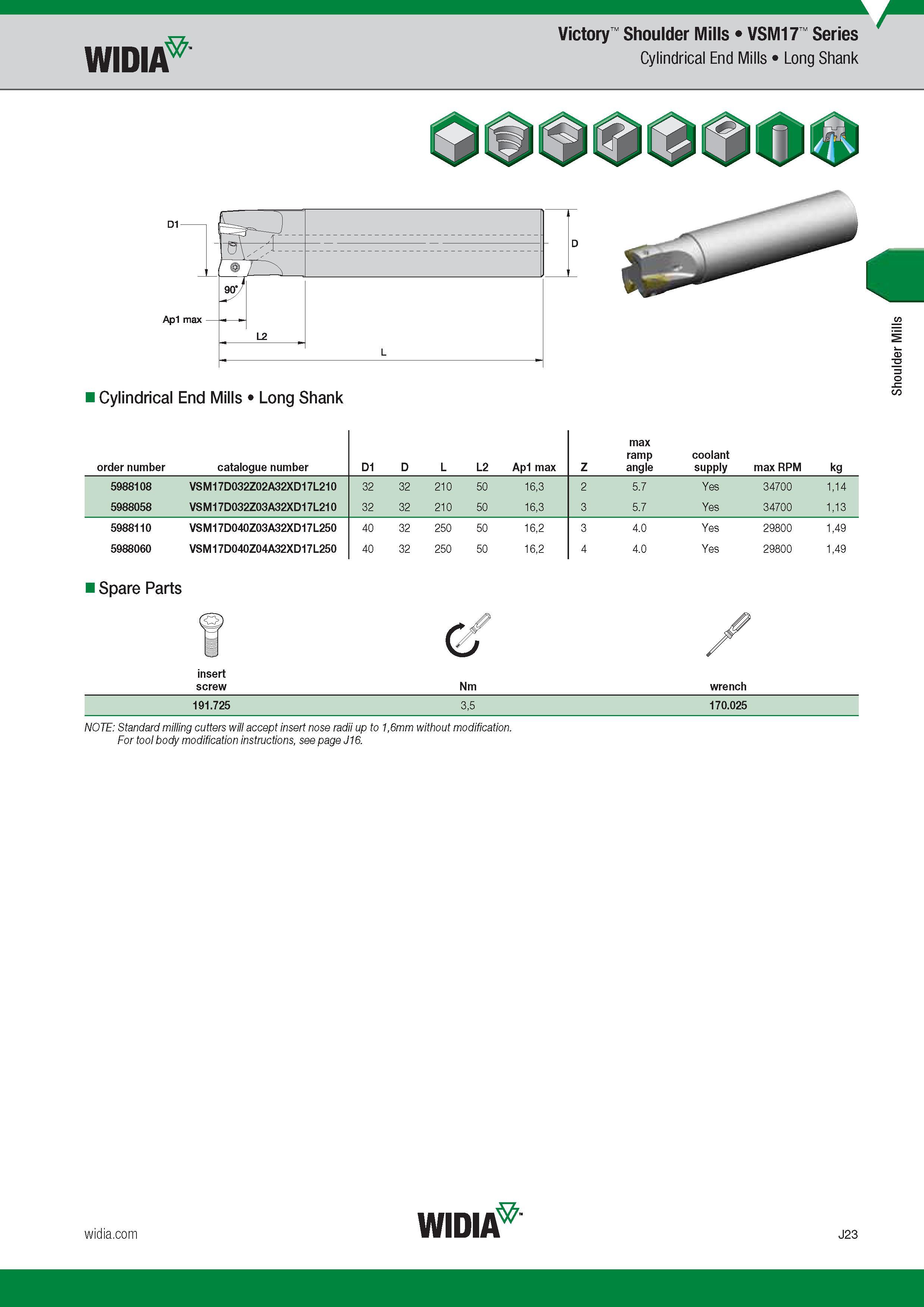 831 Widia Victory Shoulder Mills VSM17 Series Cylindrical End Mills Long Shank Cylindrical End Mills Long Shank Номер для заказа продукции Order number Каталог WIDIA 2017 Металлорежущий инструмент Стационарный и вращающийся для металлообрабатывающих станков и оборудования Стр. J23 ENG