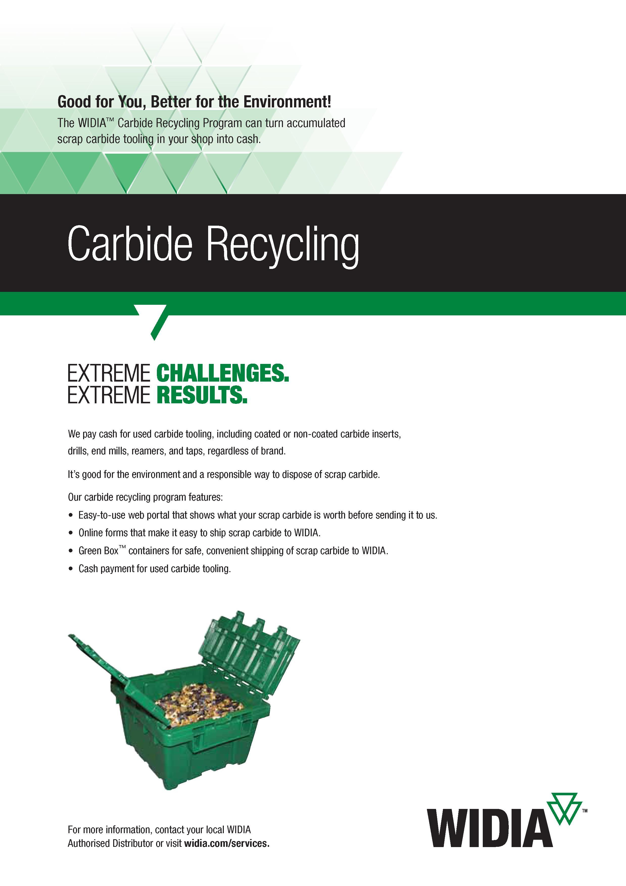 849 The Widia Carbide Recycling Program can turn accumulated scrap carbide tooling in your shop into cash Carbide Recycling EXTREME CHALLENGES EXTREME Каталог WIDIA 2017 Металлорежущий инструмент Стационарный и вращающийся для металлообрабатывающих станков и оборудования Стр. J41 ENG