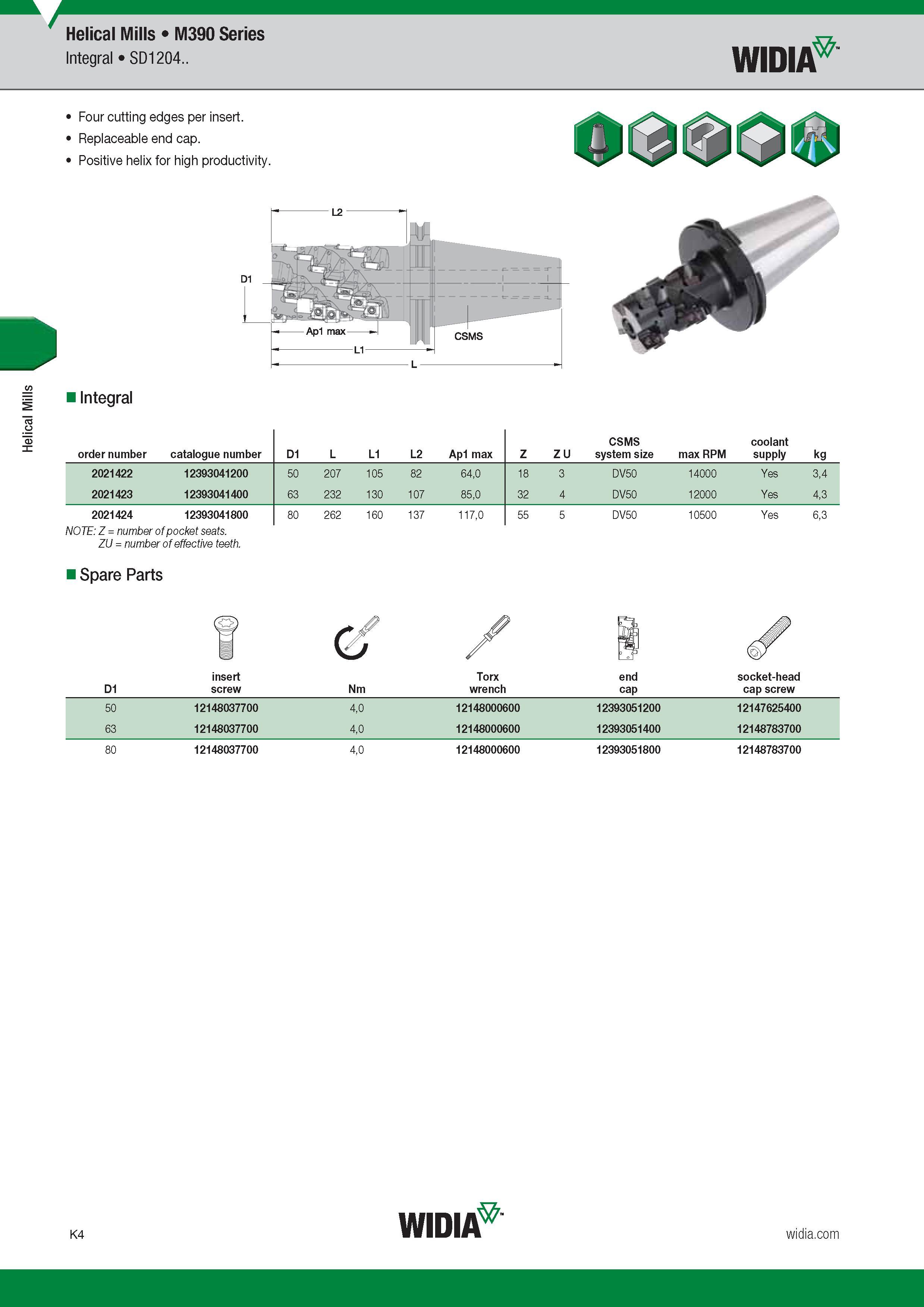 864 Helical Mills Widia M390 Series Integral SD1204 Four cutting edges per insert Replaceable end cap Positive helix for high productivity Integral ord Каталог WIDIA 2017 Металлорежущий инструмент Стационарный и вращающийся для металлообрабатывающих станков и оборудования Стр. K4 ENG
