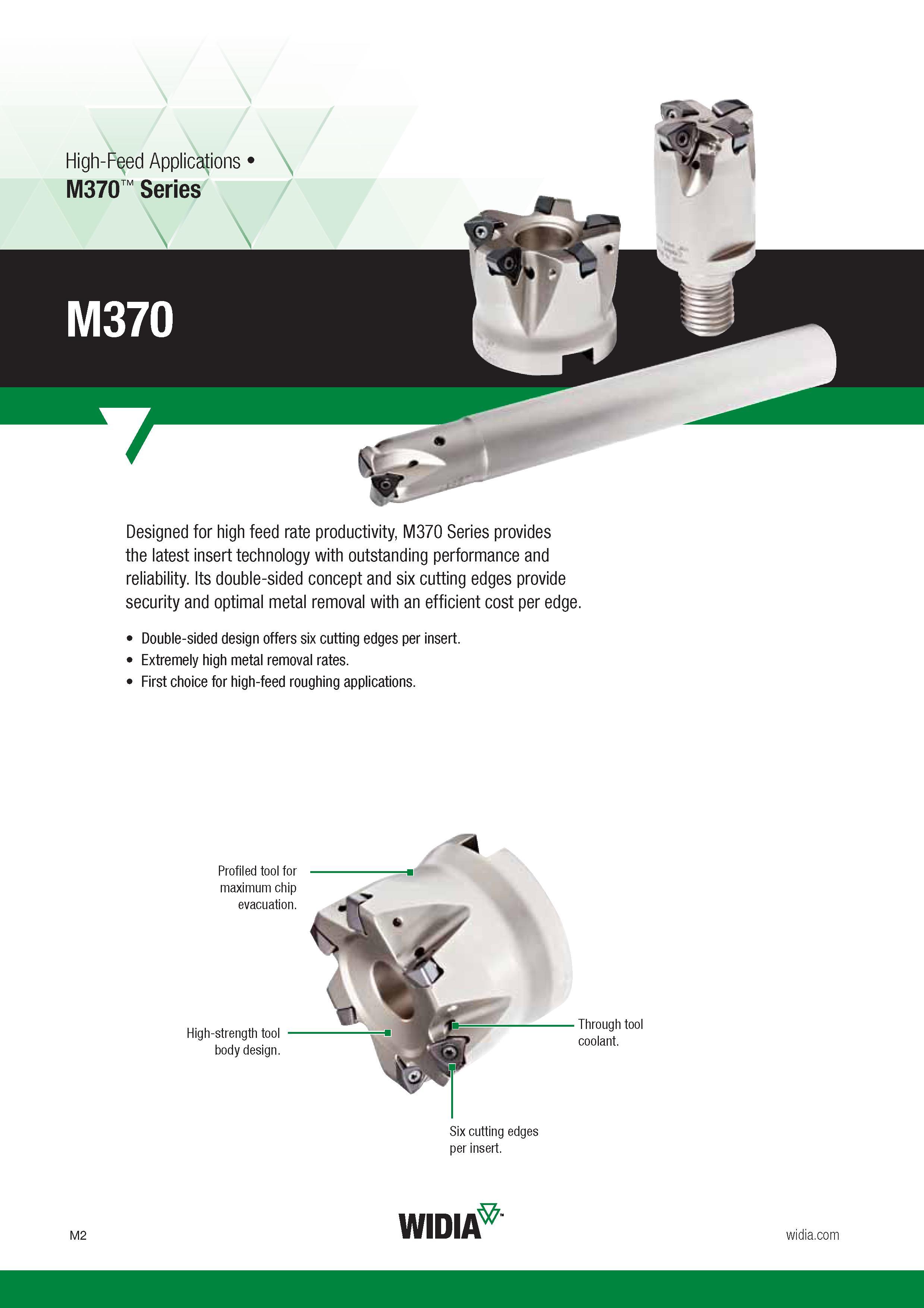 906 Designed for high feed rate productivity, M370 Series provides the latest insert technology with outstanding performance and reliability Its double Каталог WIDIA 2017 Металлорежущий инструмент Стационарный и вращающийся для металлообрабатывающих станков и оборудования Стр. M2 ENG